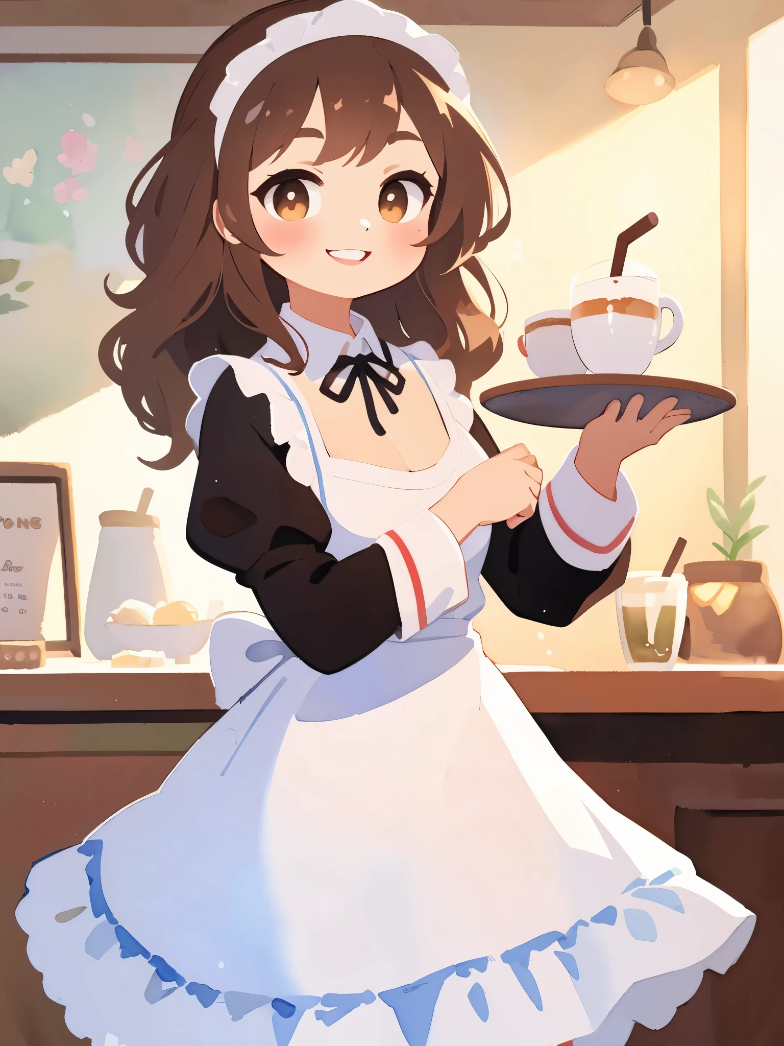 (best quality,ultrares,masterpiece:1.2) (watercolor: 1.25) (pastel colors: 1) ****ung asian woman welcoming you to her cafe ,black french maid costume, holding a delicious latte on a silver tray, charming expression, wavy brown hair, round brown eyes, cofee shop setting, early morning, warm smile