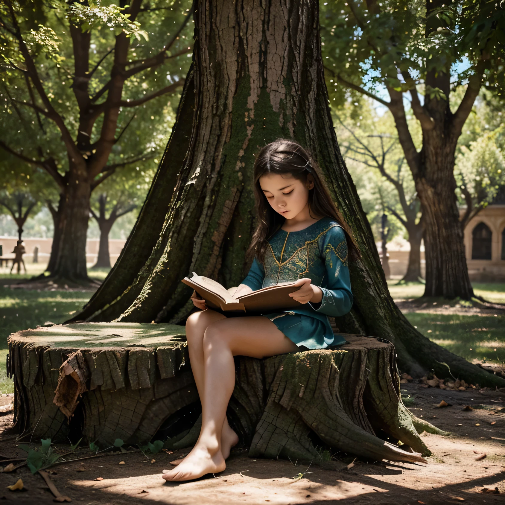 Highly detailed CG footage、1girl in, indonesian girl, (Sitting on the grass leaning against a tree, Reading a book, Knees together, Legs apart, skirt up, vagina exposed, (hairy:1.1), (Pubic hair: 1.1), (view from front, low angle), Onepiece, Detail, morning, Sunrise, High resolution, ultra quality, Super work, Colored leaves,