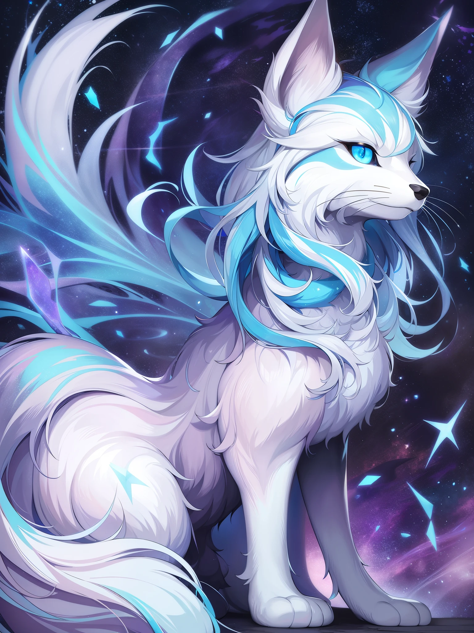 Graffiti style blue and white celestial fox, ethereal, star patterns, cosmic energy, vibrant colors, mystical aura, highly detailed, fantasy art, digital painting, best quality, high quality, high detail, 4k, 8k resolution, from below,depth of field glowing, starry sky . Street art, vibrant, urban, detailed, tag, mural