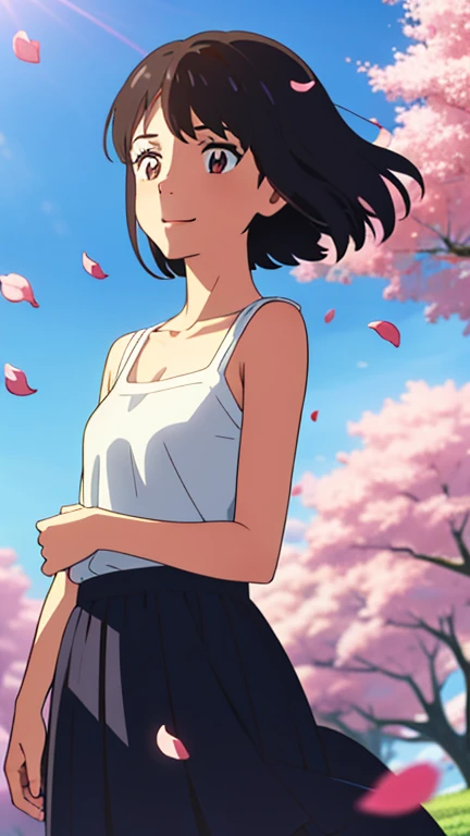 shinkai makoto, kimi no na wa., 1 chica, Golpes, PELO NEGRO, rubor, Ojos redondos, ojos brillantes, Brown eyes, diadema roja, Arco rojo, Red ribbon, cabello corto, cabello brillante, sonrisa, boca abierta, lindo, Hermoso, piel brillante, mirando al espectador, solo, clavicle, , Camisa blanca, mangas cortas, falda plisada negra, cereza_flores, descendente_petals, petals, rama, rosa_flor, blue_cielo, primavera_season, manos perfectas, tenencia_flor, viento, tree