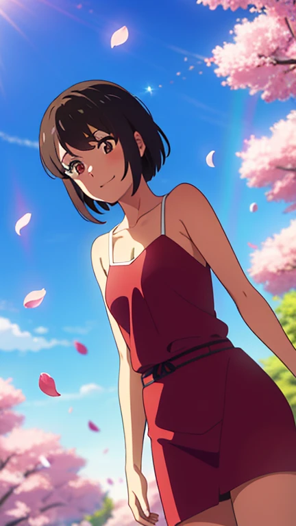 shinkai makoto, kimi no na wa., 1 chica, Golpes, PELO NEGRO, rubor, Ojos redondos, ojos brillantes, Brown eyes, diadema roja, Arco rojo, Red ribbon, cabello corto, cabello brillante, sonrisa, boca abierta, lindo, Hermoso, piel brillante, mirando al espectador, solo, clavicle, , Camisa blanca, mangas cortas, falda plisada negra, cereza_flores, descendente_petals, petals, rama, rosa_flor, blue_cielo, primavera_season, manos perfectas, tenencia_flor, viento, tree