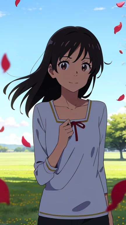 shinkai makoto, kimi no na wa., 1 chica, Golpes, PELO NEGRO, rubor, Ojos redondos, ojos brillantes, Brown eyes, diadema roja, Arco rojo, Red ribbon, cabello corto, cabello brillante, sonrisa, boca abierta, lindo, Hermoso, piel brillante, mirando al espectador, solo, clavicle, , Camisa blanca, mangas cortas, falda plisada negra, cereza_flores, descendente_petals, petals, rama, rosa_flor, blue_cielo, primavera_season, manos perfectas, tenencia_flor, viento, tree