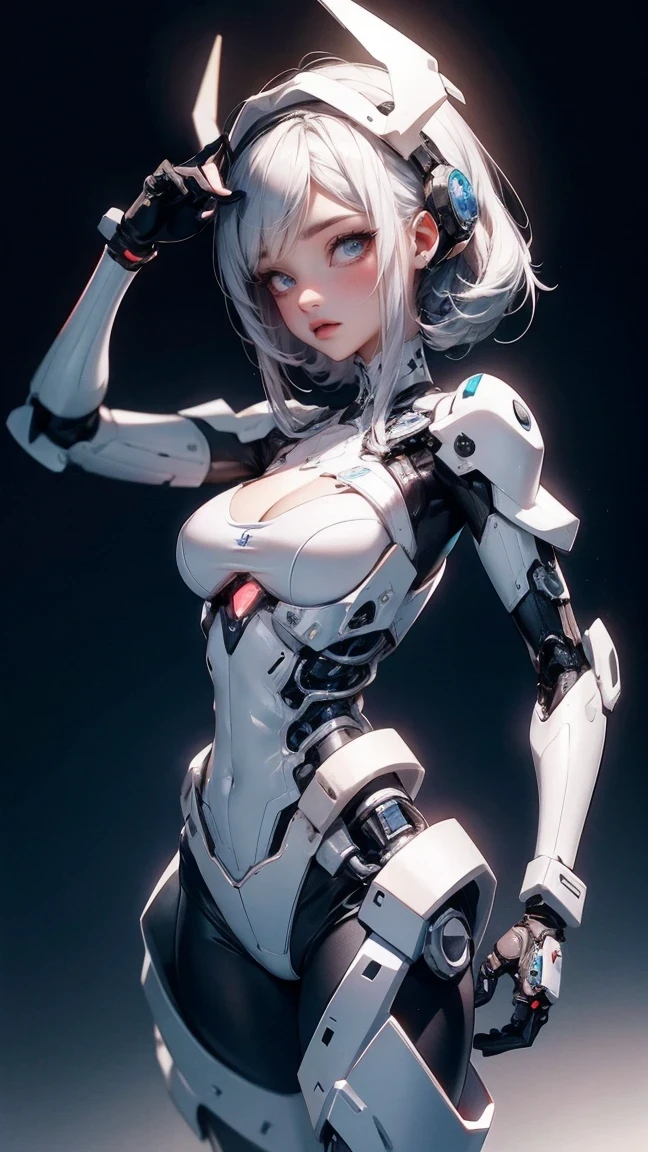 Cute Girl, cowboy shot,Anime style image of a woman with a skeleton body and helmet, Unreal Engine rendering + goddess, Biomechanics OPPEIN, Highly detailed cybernetic mechanics, White biomechanical details, female body, 3D rendering character art 8k, detailed body, complex machinery, cybernetic and highly detailed