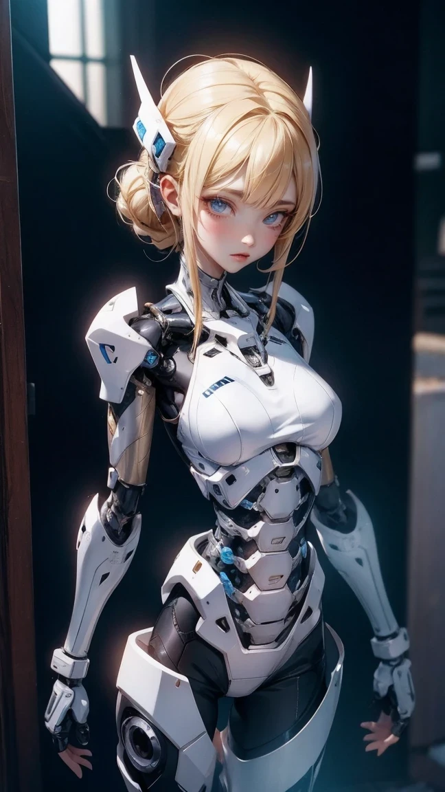 android, beautiful robot. android with blue eyes. Her brown short pigtails are very short and tied with two big red clothespins, joint seam, black eyes, full body figure, Height: 160cm, She wears only micro mini pantie, show pantie, Uplifting, 21th century japan animation, she wares nothing. She is inserted penis by invisible man.