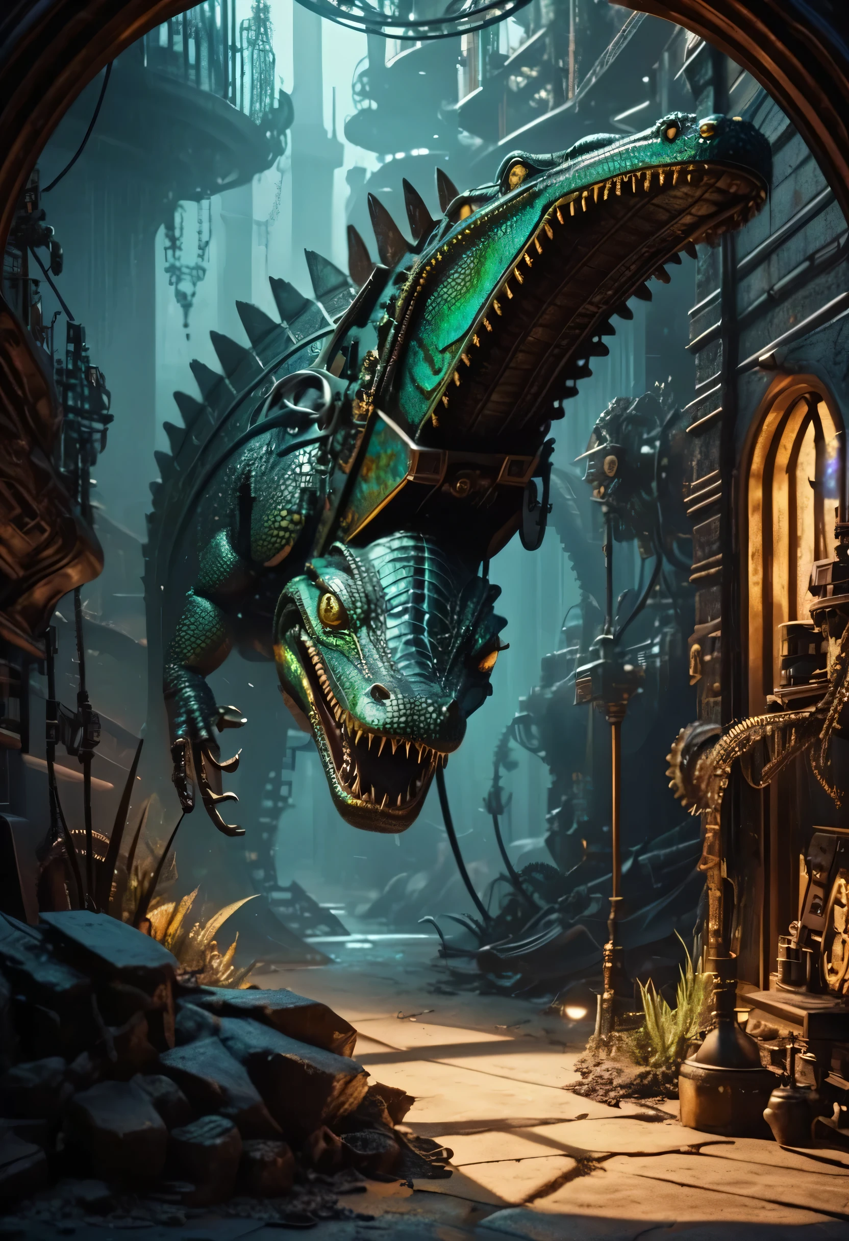 (best quality,4k,highres),steampunk alligator creature in a psychedelic mirror,infinitely repeated in a strange and surreal landscape,with vibrant colors and surreal lighting,reflecting its transformation from a clay figure to a mechanical steampunk beast,wearing a top hat and goggles,with rusty gears and cogwheels,emanating steam and emitting an aura of mystery and mechanical marvels,its metallic scales glistening under the otherworldly light,in a world where reality and fantasy blend seamlessly,creating an atmosphere of enchantment and wonder.