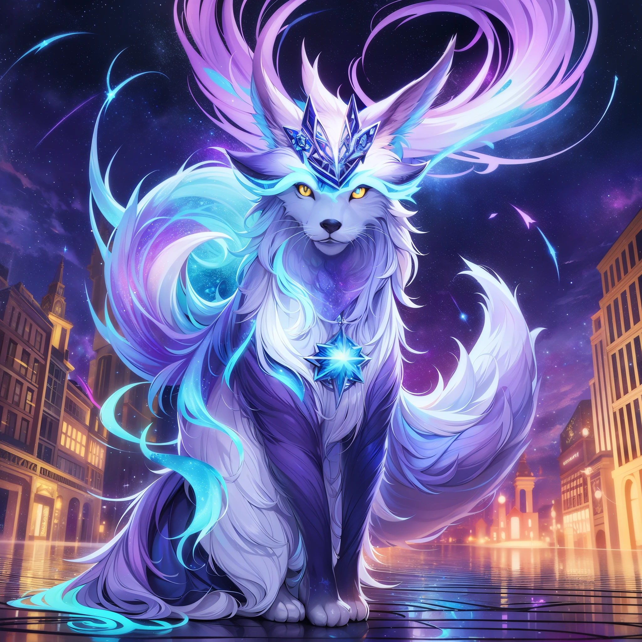 Graffiti style blue and white celestial fox, ethereal, star patterns, cosmic energy, vibrant colors, mystical aura, highly detailed, fantasy art, digital painting, best quality, high quality, high detail, 4k, 8k resolution, from below,depth of field glowing, starry sky . Street art, vibrant, urban, detailed, tag, mural