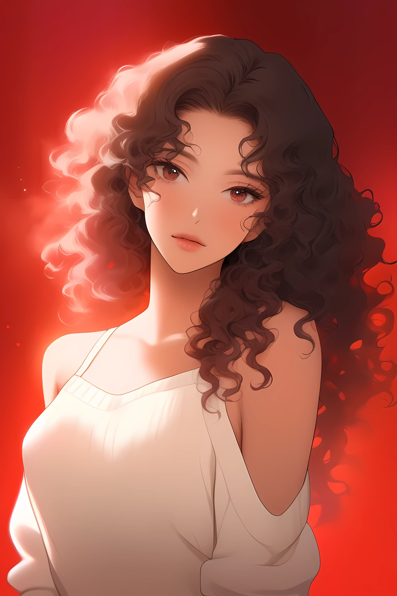 bare shoulder,sexy, cleavage,1 girl,portrait, curly hair,simple background, (masterpiece,best quality),lips, spark ,niji style, camisole, Pullover Sweater , niji artists background,in the villa, steamy, steam , sad,deep red gradient background,