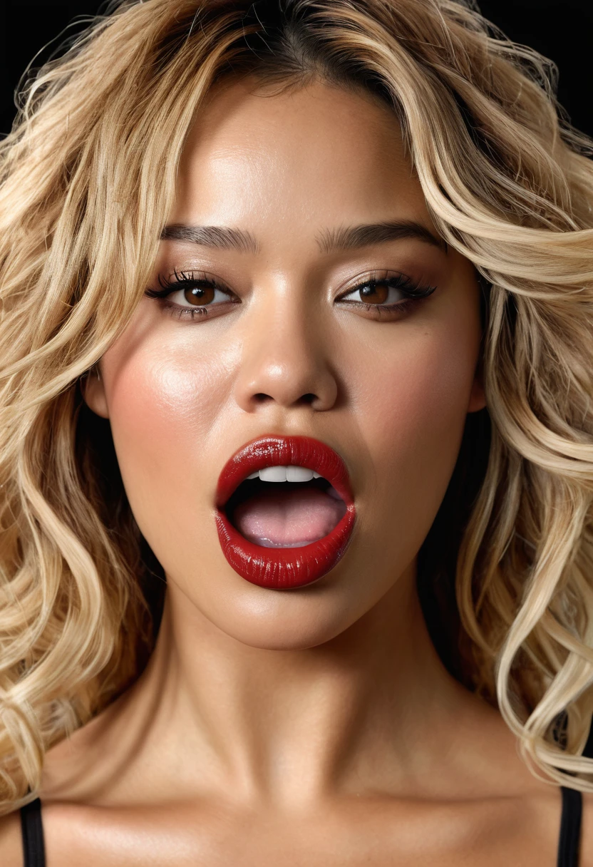 ourdan Dunn (BODY: 1.1), Mayte Michelle Rodriguez's (face: 1.2), Gemma Chan's (lips:1.1), Jessica Alba's (nose:1.1), Ashley Graham's (face:1.1), Rihanna's (eyes:1.4), sensual pose, full red lips, beautiful body 19 years old, Alone, long blonde hair, Colossal, has blonde hair (brown dark, curly, flowing: 1.1), realistic, sexy woman, full body, full body tattoo, Absurd Resolution, high resolution, (art: 1.4), hyperdetail, connected open mouth (1.3), in the sky, attention to detail