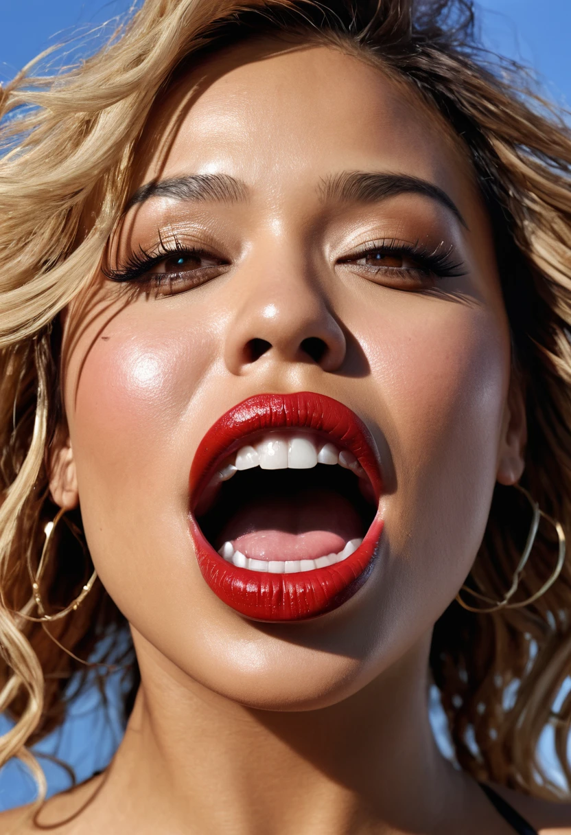 ourdan Dunn (BODY: 1.1), Mayte Michelle Rodriguez's (face: 1.2), Gemma Chan's (lips:1.1), Jessica Alba's (nose:1.1), Ashley Graham's (face:1.1), Rihanna's (eyes:1.4), sensual pose, full red lips, beautiful body 19 years old, Alone, long blonde hair, Colossal, has blonde hair (brown dark, curly, flowing: 1.1), realistic, sexy woman, full body, full body tattoo, Absurd Resolution, high resolution, (art: 1.4), hyperdetail, connected open mouth (1.3), in the sky, attention to detail