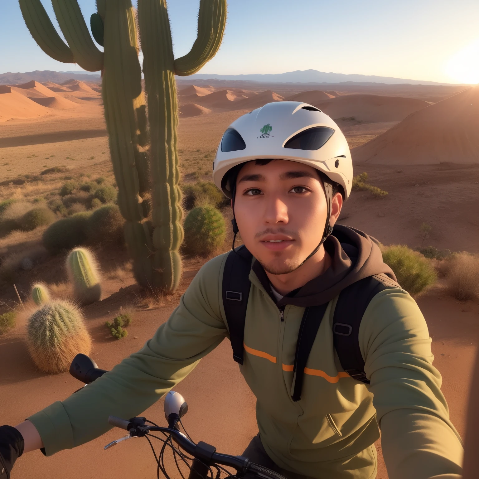 young man mountain bikeruro helmet wearing end is making an selfie. inside of desert with a big cactus. on a background are crashed ufo bihind him