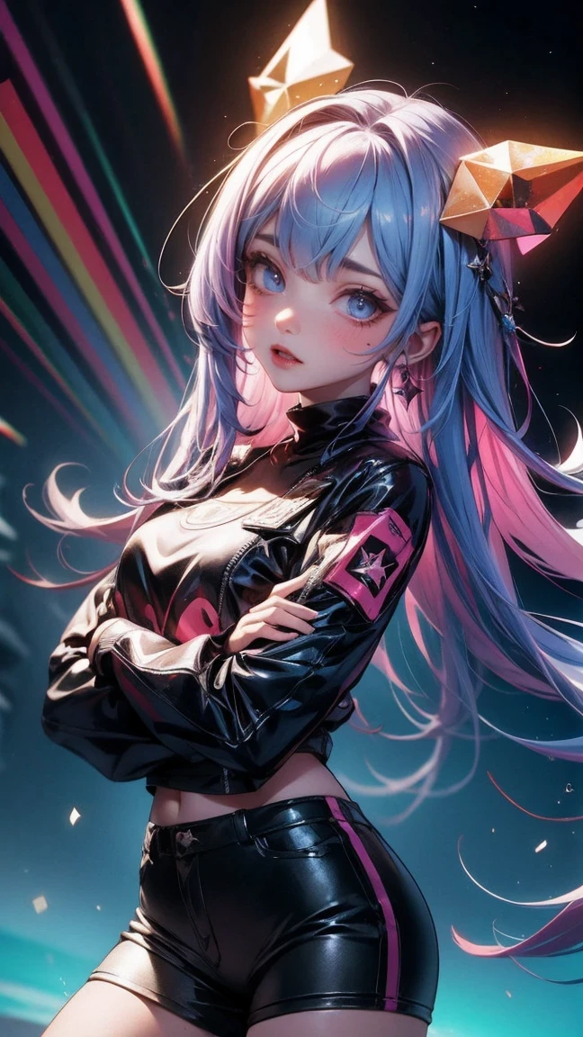 Cute Girl, cowboy shot,(Super energetic,high Compared,best quality:1.2),(rich and colorful,rainbow,luminescent),(Abstract,Dynamic) Art, (neon lights,Effect),(Geometry,cube,enigma), (sparkling,Reflective surface), (dark background,Compared),(sharp lines,fine details)