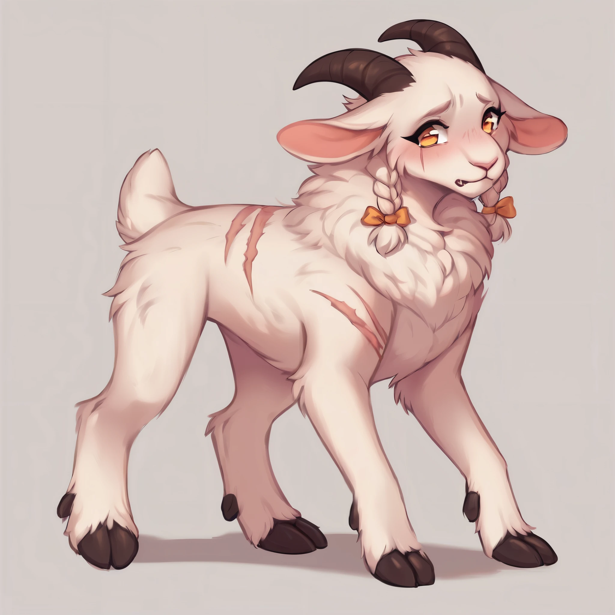 score_9, score_8_up, score_7_up, score_6_up, score_5_up, score_4_up, show accurate, full body, hungry body, simple background, feral goat, female goat, white fur, albino fur, single color fur, teenage goat, adorable face, goat horns, goat pupil, golden eyes, shy look, terrified look, mane covering the neck, small braids in her hair and mane, standing on all fours, many scars all body, long scars, scars on the face, 