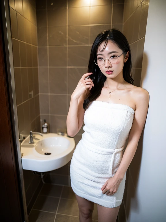 Beautiful naked sexy Korean girl, prostate and straddle, round breasts, very beautiful and shining face, she is in love, she is facing away from the cameraman, she is showing her smooth and beautiful vagina and ass, she is wearing round transparent glasses, she is taking a shower under bathroom shower.