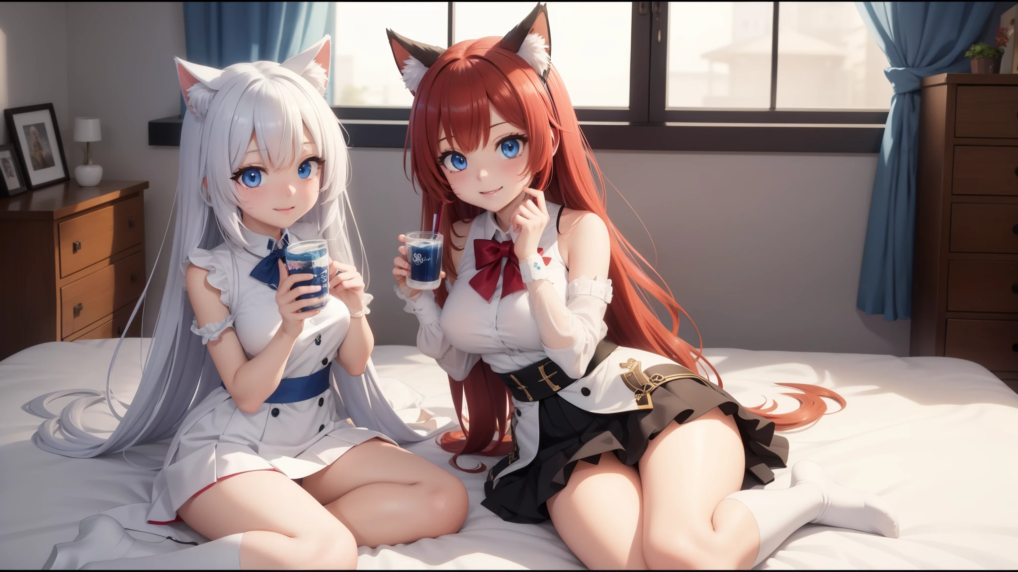 anime girl, Blue eyes, perfect face, detailed face, perfect body, beautiful eyes, beautiful face, (bright skin: 1.4), (full body), skirt,transparent,fun,stuffed toy,Drink milk,anime girl, one girl,small details, 4k, 8K, 12k,beautiful girl, white people, , Cat ear, luxury room,Tenjiku bed,red hair,(((highest quality))),((緻密でbeautiful eyes)),(eyelash),smile,azur lane style, From the Azur Lane video game, Trending on Art Station Pixiv, very beautiful anime cat girl, Cat earのanime girl, splash art anime , It's trending on pixiv, anime moe art style
