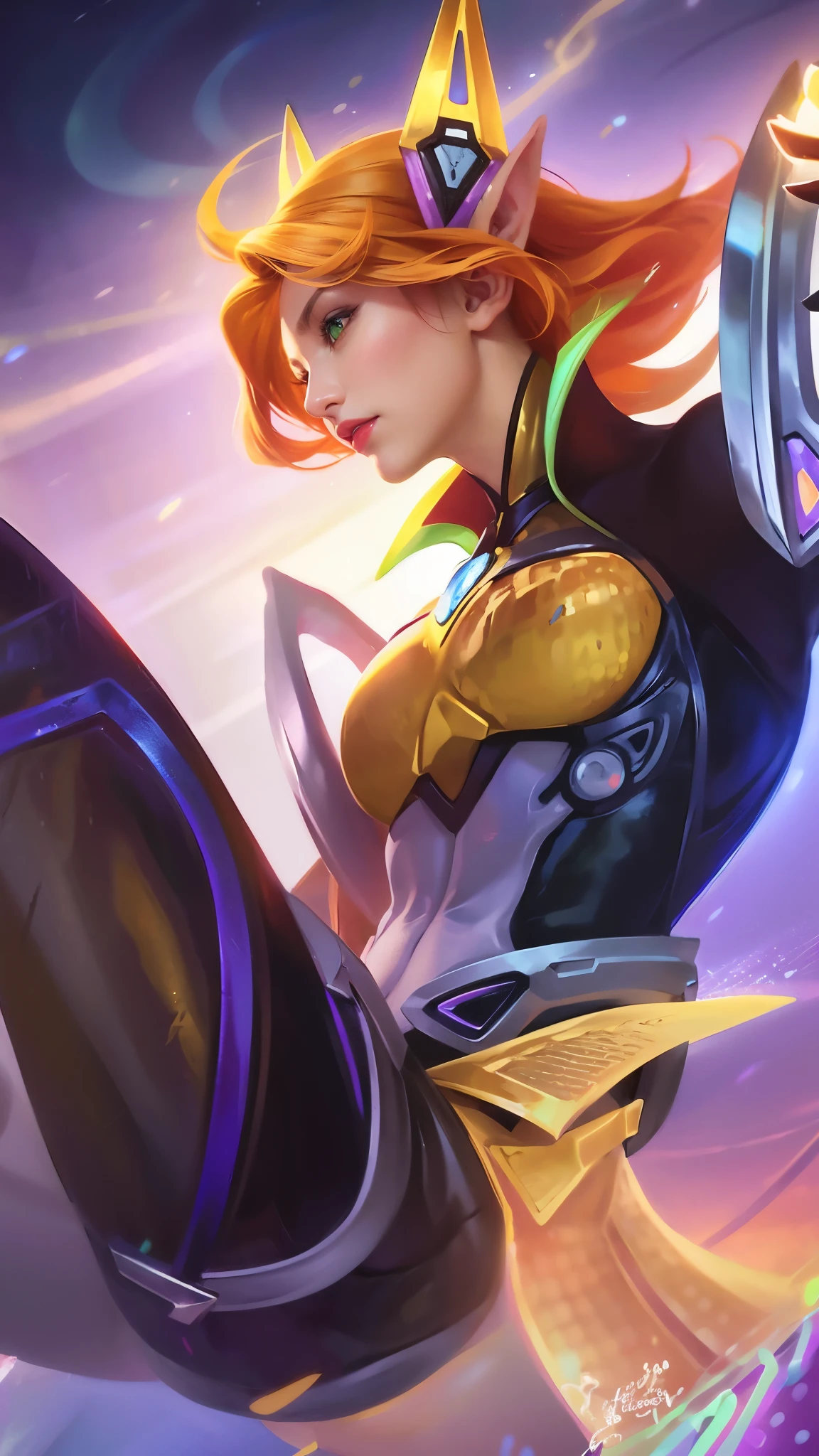 (female:1.2), 8k, ultra hd, ultra detailed texture, hyper realistic, masterpiece, detailed texture, detailed face, detailed skin, detailed lighting, (photorealistic:1.5), best quality, beautiful lighting, cinematic lighting, professional lighting, ultra highres, realistic, detailed hair, real hair, high quality, (realskin:1.5), extremely detailed, finely detail, ultra-detailed, 1girl, solo, floating, (blue eyes), glowing eyes, red lips, v-shapped eyes, closed mouth, angry, colored skin, dark skin, purple skin, nose, pretty, beautiful, make up, evil smile, short hair, blonde hair bangs, large breasts, thigh, pauldrons, black pants, belt, purple coat, mechanical wings, armor shoulder, gloves, eudora \(mobile legends\), depth of field, looking aways, skin tight, amazing pose, glowing electric, lighting, cinematic background, elf ear