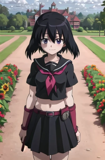 agkkurome, kurome, short hair, black hair, black eyes, hair between eyes, skirt, serafuku, red belt, black serafuku, black skirt, neckerchief, red neckerchief, short sleeves, loose shirt, blush, masterpiece, best quality, ultra detail, sunflower, garden, sunshine, clouds, smile, happy, midriff peek