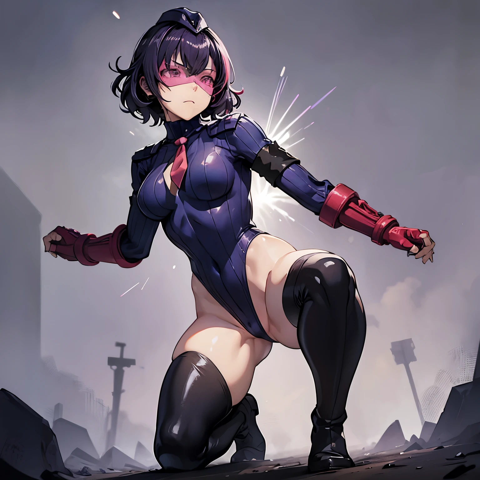ultra-detailed, Explicit, Beautiful body, Beautiful Nose, Beautiful character design, perfect eyes, perfect face, ultra highres, 4K, beautiful legs, perfect legs, Nice hands, Perfect hand, Masterpiece, Best Quality, Highly detailed, illustration, absurdres, perfect anatomy, street fighter, doll suit, shadaloo doll, dollsuit, expressionless, blank eyes, looking at viewer, red gloves, emotionless, black latex, corruption, mind control, female combatant, full body, hypnotized, unhappy trance, full body suit, ribbed bodysuit, both arms at side, obey, perfect female body, extremely glossy latex, hypnosis, hypnoLora, empty eyes, Mind control device, poses, submissive_pose, Slave, standing straight, standing, standing at attention, hat, necktie, belt, latex, ribbed bodysuit, thigh Highs, garter belt, Fighting Stance, extending the right arm from the shoulder into the air with a straightened hand, military, thigh boots, black pantyhose, collar, (((pixel-perfect, detail-perfect))), solo, 1girl, hair ornaments, RIPPERNORMAL, PURPLE HAIR,SHORT HAIR,MULTICOLORED HAIR, ,RED EYES,HEAD-MOUNTED DISPLAY, (TINTED EYEWEAR:1.2), apocalyptic background, multiple girls, battle, crowd, blood splatter, fleeing, grabbing, running, foreshortening, attack, fighting, holding weapon, (((Crouching, aimimg)))