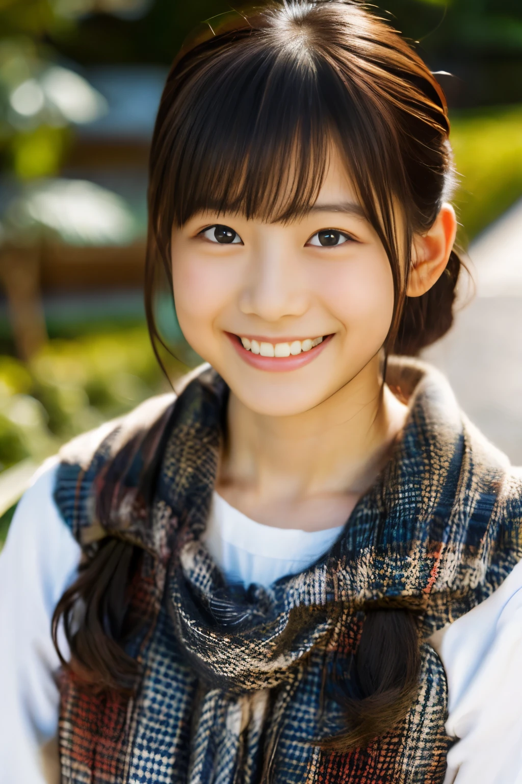 (highest quality, masterpiece), (beautiful  japanese girl), (freckles:0.6), soft light, ponytail, smile