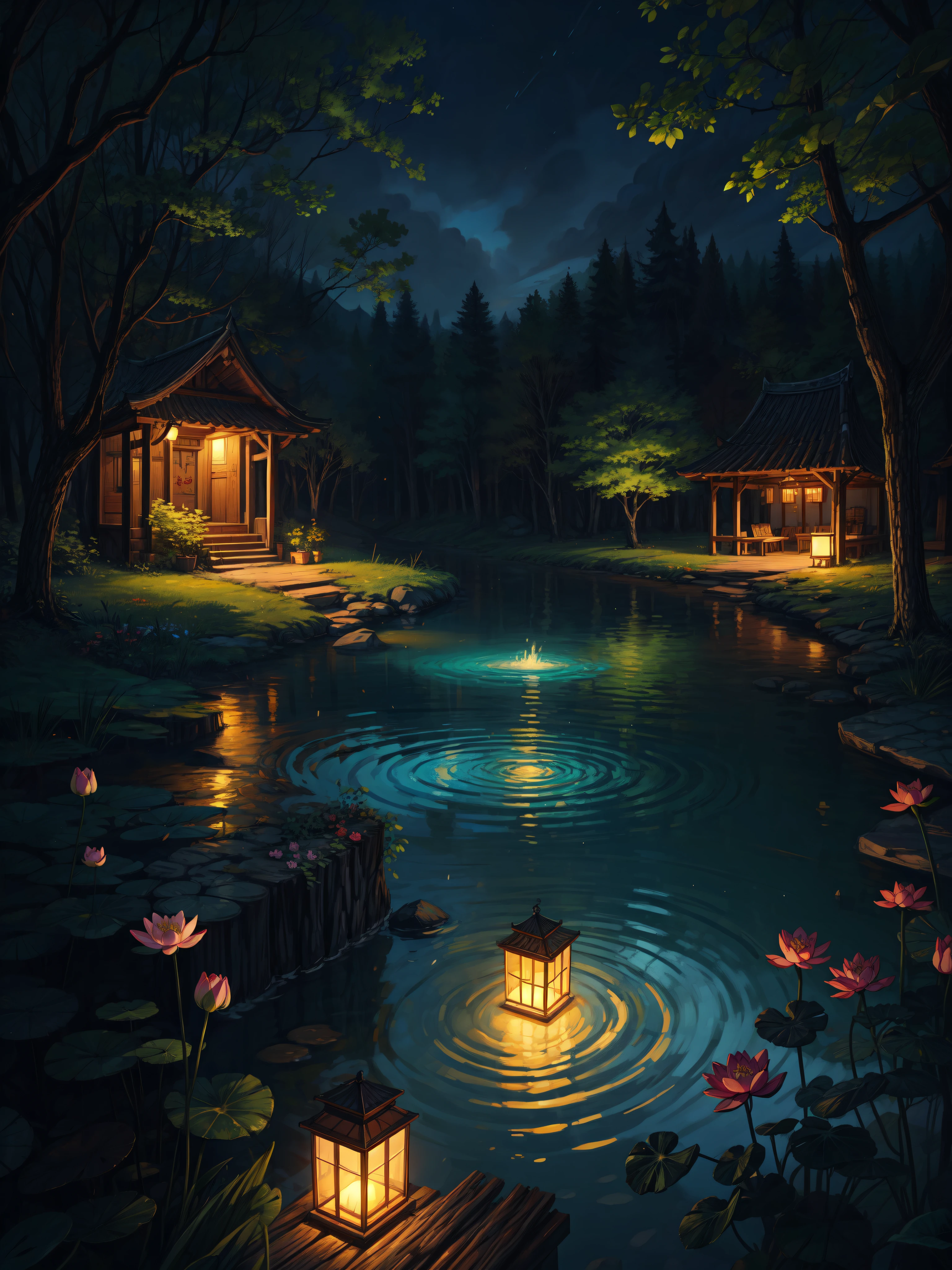 wide view, a dining setup under a shed, surrounded by lake, lotus flowers, in the woods, logs in lake, lanterns on lake, reflection, evening light, stones and pebbles, flowers on bushes, fairytale, fairylights, ripples, glow on foliage, bright volumetric light, peaceful scene, light shining on part of foliage, micro landscape, intrinsic details