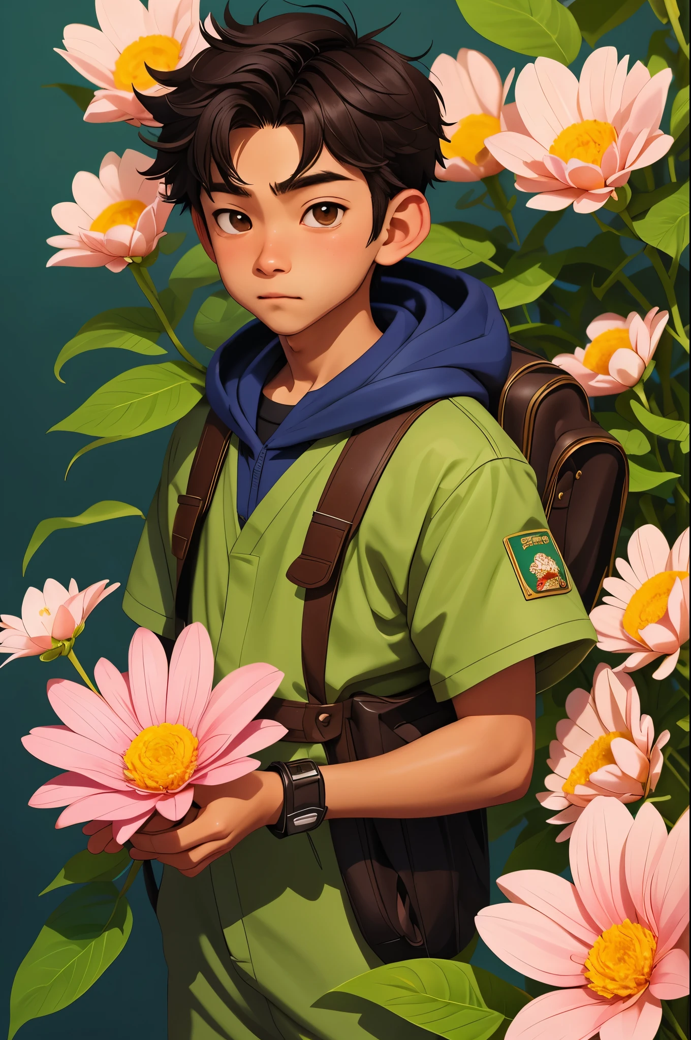 a anime  boy, beautiful eye, holding a batch of flower,  front view,  looking at camera,  over look,   beautiful,  masterpiece, best quality, by Kuroboshi