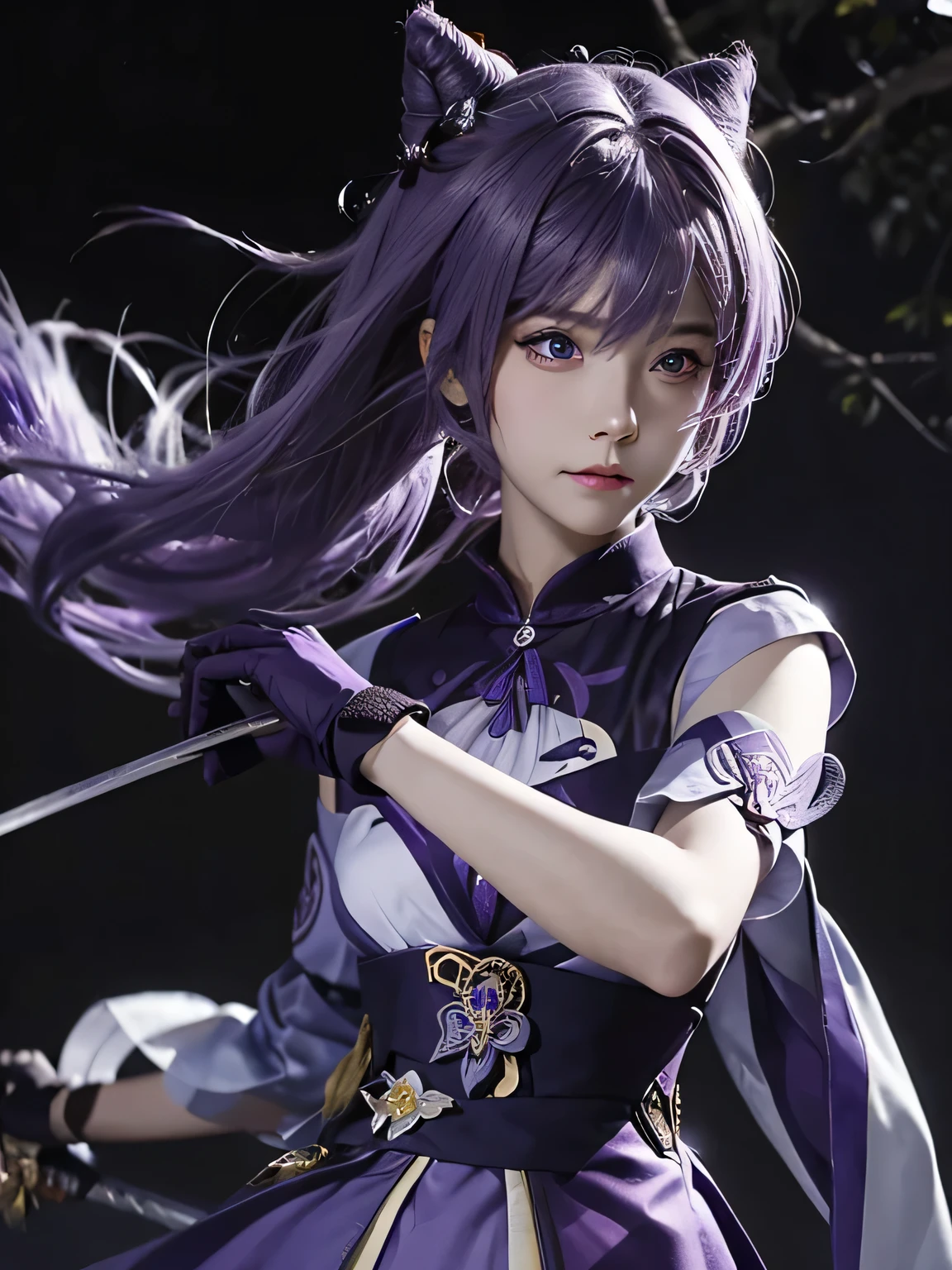 masterpiece, best quality, detailed, depth of field, Surreal, lifelike, realistic face and Eye, lifelike skin texture, Movie lighting, ulzzang-6500, Tyndall effect, sword, blank background, (Looking forward to the audience), Eye Looking forward to the audience.
1 girl, (frown, Keep your mouth shut), Keqing_\(Genshin_Influence\), purple_Eye, purple hair,  Double tail, sharp Eye, serious face, Gloves, hands holding sword, lightning glowing sword, purple lightning, 
Movie