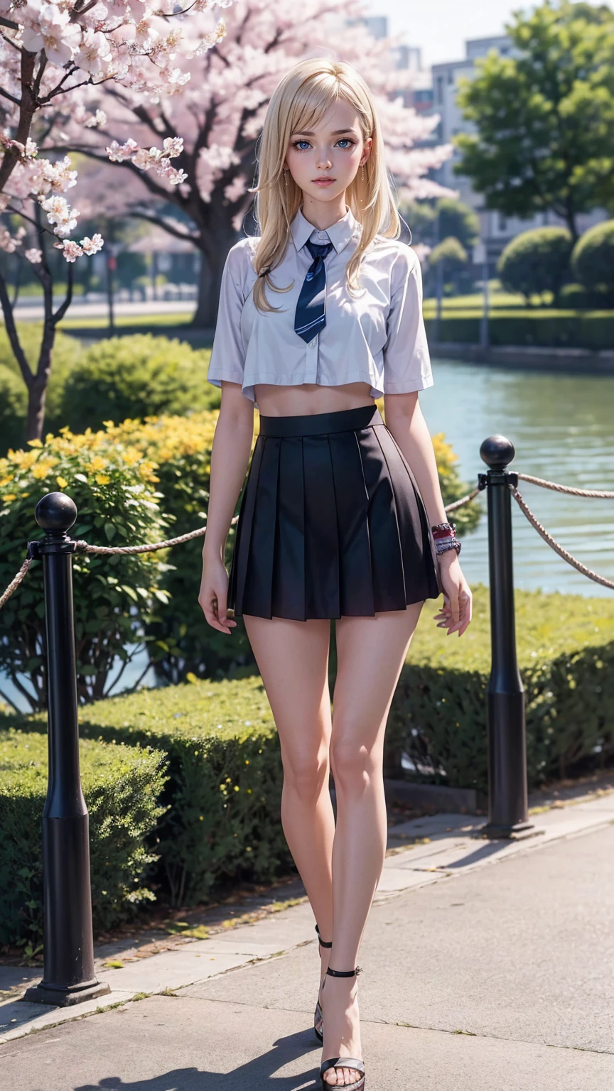 (8K, RAW photo, highest quality, masterpiece:1.2), (realistic, photo-realistic:1.37)、26 year old white woman、hair is platinum blonde、eye color is blue、long hair、I braid it lightly、Slender but well-proportioned muscular body、accessories on the wrist、setting hair、I&#39;m punching my chest、wearing a knit dress、accessories on the ankle、smile、I&#39;m wearing a hair band、wearing a tie front shirt、My abs are cracked、I can see my bellybutton、She is wearing a low-rise micro-mini length pleated skirt.、wearing stockings、wearing high heels、I&#39;m in a row of cherry blossom trees planted along the river.、Cherry blossoms are in full bloom、smile