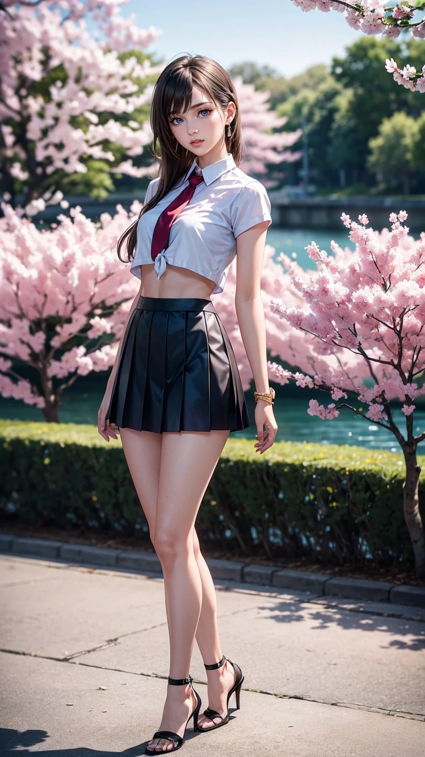 (8K, RAW photo, highest quality, masterpiece:1.2), (realistic, photo-realistic:1.37)、26 year old white woman、hair is platinum blonde、eye color is blue、long hair、I braid it lightly、Slender but well-proportioned muscular body、accessories on the wrist、setting hair、I'm punching my chest、wearing a knit dress、accessories on the ankle、smile、I'm wearing a hair band、wearing a tie front shirt、My abs are cracked、I can see my bellybutton、She is wearing a low-rise micro-mini length pleated skirt.、wearing stockings、wearing high heels、I'm in a row of cherry blossom trees planted along the river.、Cherry blossoms are in full bloom、smile