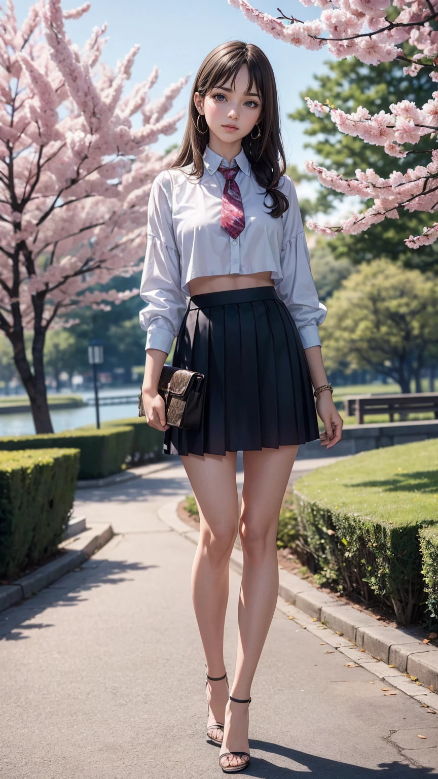 (8K, RAW photo, highest quality, masterpiece:1.2), (realistic, photo-realistic:1.37)、26 year old white woman、hair is platinum blonde、eye color is blue、long hair、I braid it lightly、Slender but well-proportioned muscular body、accessories on the wrist、setting hair、I'm punching my chest、wearing a knit dress、accessories on the ankle、smile、I'm wearing a hair band、wearing a tie front shirt、My abs are cracked、I can see my bellybutton、She is wearing a low-rise micro-mini length pleated skirt.、wearing stockings、wearing high heels、I'm in a row of cherry blossom trees planted along the river.、Cherry blossoms are in full bloom、smile