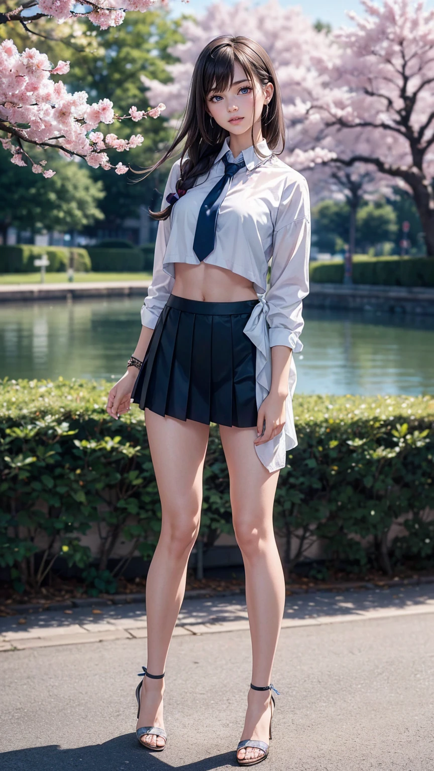 (8K, RAW photo, highest quality, masterpiece:1.2), (realistic, photo-realistic:1.37)、26 year old white woman、hair is platinum blonde、eye color is blue、long hair、I braid it lightly、Slender but well-proportioned muscular body、accessories on the wrist、setting hair、I'm punching my chest、wearing a knit dress、accessories on the ankle、smile、I'm wearing a hair band、wearing a tie front shirt、My abs are cracked、I can see my bellybutton、She is wearing a low-rise micro-mini length pleated skirt.、wearing stockings、wearing high heels、I'm in a row of cherry blossom trees planted along the river.、Cherry blossoms are in full bloom、smile