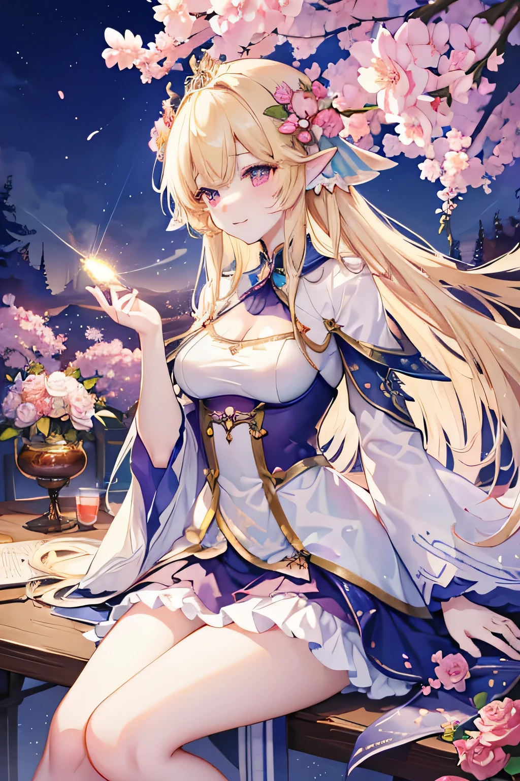 最high quality、best image quality、masterpiece、beautiful profile、、titania、Super beautiful elf beauty((22 year old office lady big bust、bust 90,beautiful long ironed hair、blonde、height: 165cm。thin、sexy、Esbian、beautiful tiara、night、high quality、beautiful art、beautiful flower jar、tea、byzantine mosaic art、Beautifully decorated books、Canopy、Canopy、background((star null ski)))pieces fly、visual art、written boundary depth、、elf ears、、Light's magic、universe、happy smile、Gentle Light、Elven Forest、cherry blossoms、、elegant、ticker beautiful decorative、marble column rosa、Rose、flower bottle magic flower、magic to make flowers、light、 null、pretty dressy、pretty dress、table、Huge galaxy、myth、art、Lord of the Ring、sexy、friendly smile、wonderful、cherry blossoms、Falling flower petals、cherry blossomsのflower、magic of universe、magic's light、fantasy、flower、super REALITYa lotのRose、magic、fly the universe、、Grow fantasy、、mystery light、Byzantine、art nouveau、alphonse a lot、、art、art,mystery,UHD,magicalgentle light,sexy、