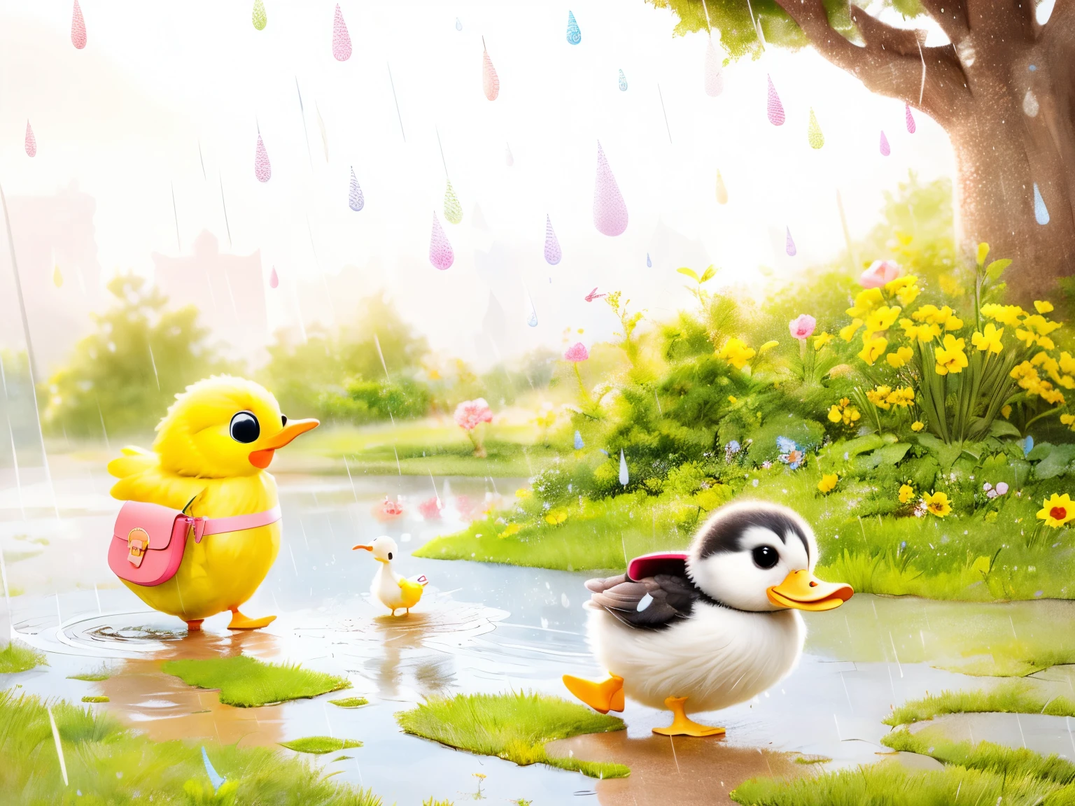 A chick with a red satchel and a happy duckling with a pink satchel walk on the grass，超cute的，Realistic，Vision，Lively，Cartoon，Children's book illustration，light greens and whites，disney，clean background，cute，pastel colors，rain，Realistic photography，