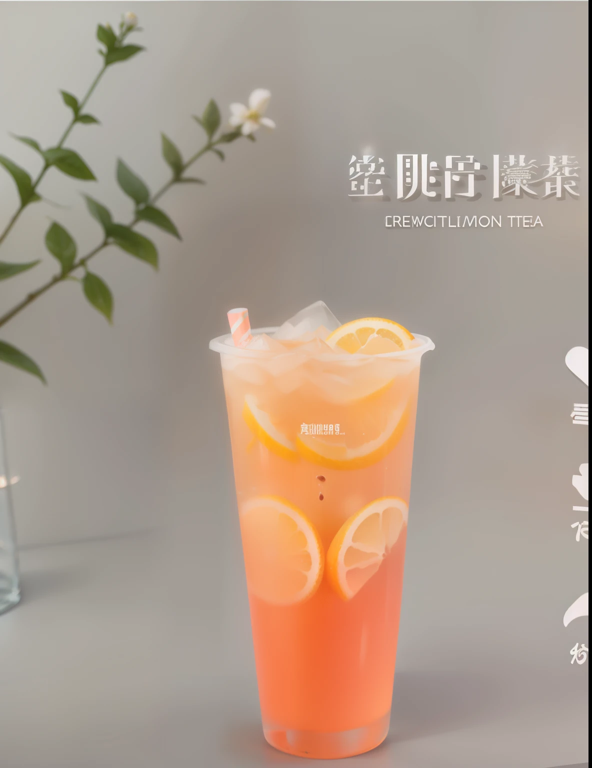 there is a glass of orange juice with a straw and lemon slices, Colored milk tea, drink, (light orange mist), Movie flavor, cold drinks, qiangshu, 480p, 4 8 0 p, It has a lemon peel texture, ice tea glass, summer, zmenzheng, Refreshing, straw, 240p, Peaches and goma style