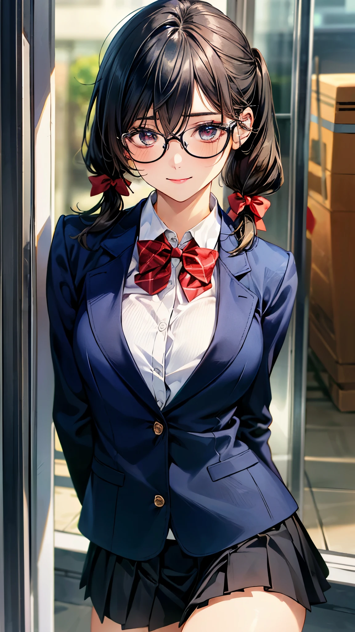 (masterpiece:1.3, top-quality), ultra high res, ultra detailed, (realistic, photorealistic:1.4), beautiful illustration, perfect lighting, natural lighting, colorful, depth of fields, 
beautiful detailed hair, beautiful detailed face, beautiful detailed eyes, beautiful clavicle, beautiful body, beautiful chest, beautiful thigh, beautiful legs, beautiful fingers, 
looking at viewer, 1 girl, high school girl, perfect face, (perfect anatomy, anatomically correct), cute and symmetrical face, babyface, , shiny skin, 
(middle hair:1.5, low twintails:1.2, black hair), hair between eyes, dark green eyes, drooping eyes, big eyes, long eye lasher, (medium breasts), slender, 
(((navy blazer, close blazer), collared white shirt, navy pleated skirt, red bow tie), black-rimmed glasses), navy school socks, 
(beautiful scenery), evening, (park, fountain, phone booth can be seen in the distance), walking, (lovely smile, upper eyes), 