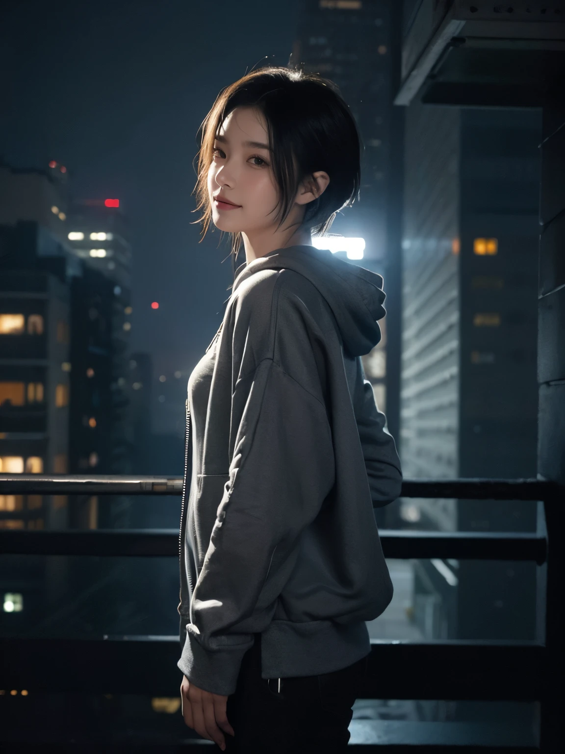 from side, (cowboy:1.4), tech noir, calm cyberpunk style, dark cyberpunk atmosphere, A young cute girl, floating short hair, shy smile, looking at view, gray hoodie, masterpiece, best quality, realistic digital art, detailed clothe