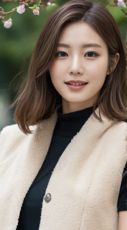 Cherry tree、Long Gilet、open chest、I'm not wearing anything inside、whole body、NiziUAYAKA、 4K、1people's women、slender、 Loose wavy styling 、seductive and attractive、Including face and skin texture.,detailed eyes、A soothing expression with a smile
