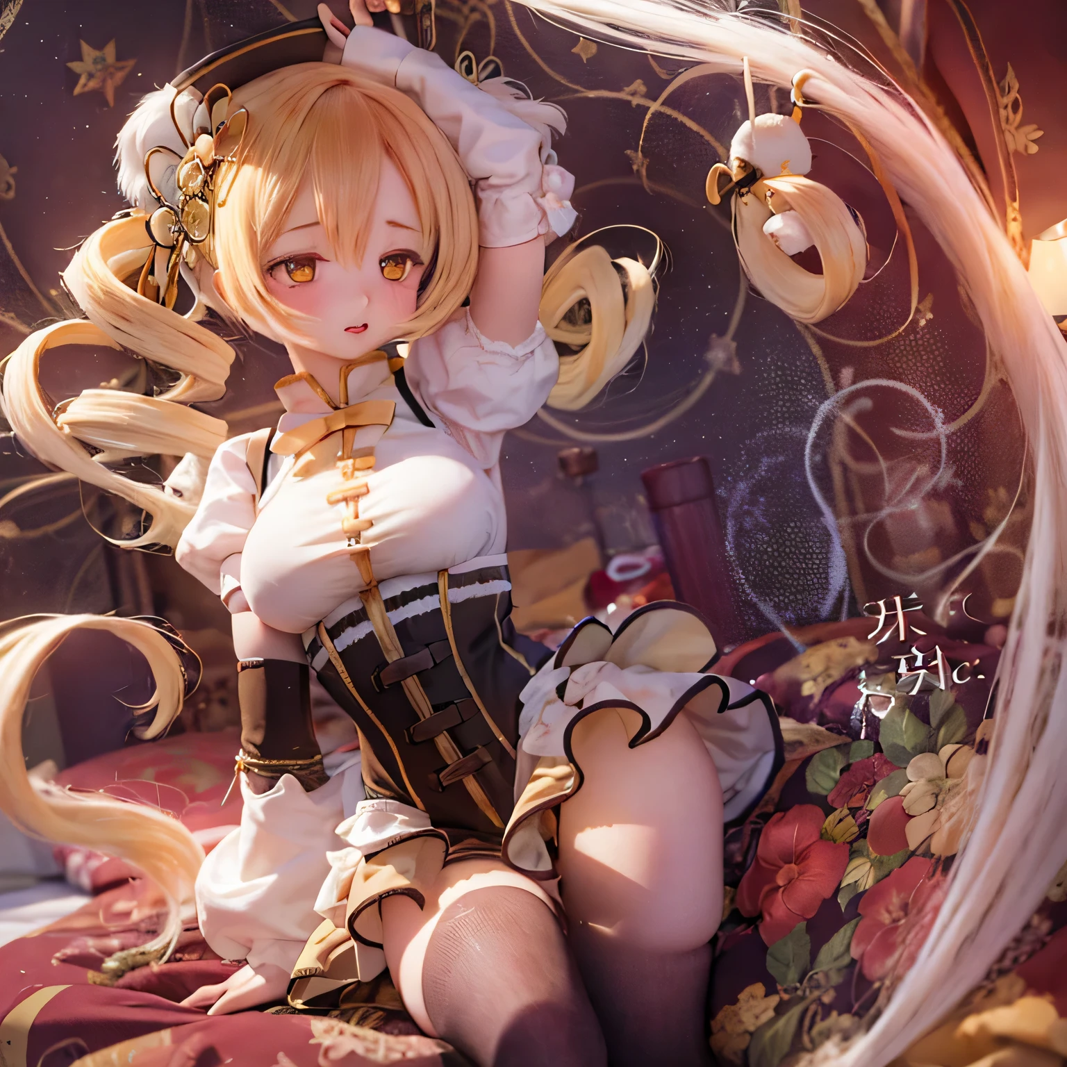 (best quality,ultra-detailed,masterpiece:1.2),expressive eyes,perfect face,beautiful Mami Tomoe,sofisticated pose,long pink hair,golden eyes, pink lips,detailed magical girl costume,dark background,glowing ,anime style,vibrant colors,mysterious aura cute (((((thick lips)))))full body Voluptuous Body Figure show your butt(((((sleep on bed)))))zoom tits