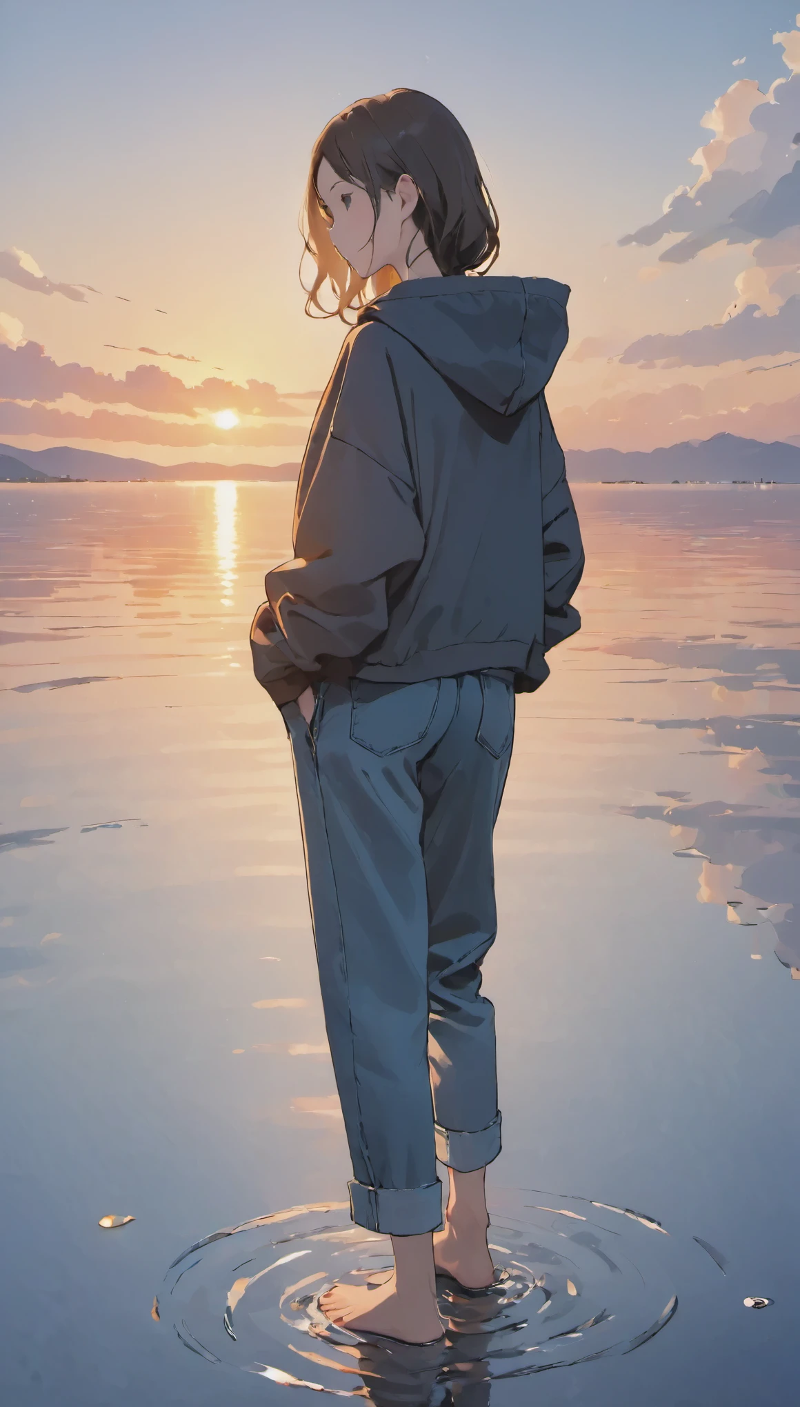 masterpiece, highest quality, movie stills, 1 girl, Baggy hoodies、７Cropped trousers、denim、Sky reflected on the sea surface、Mirror-like water surface、Reflective water surface、I can see your ankles、barefoot、sunset、beautiful sky, close, bright, Happy, warm and soft lighting, sunset, (spark:0.7)