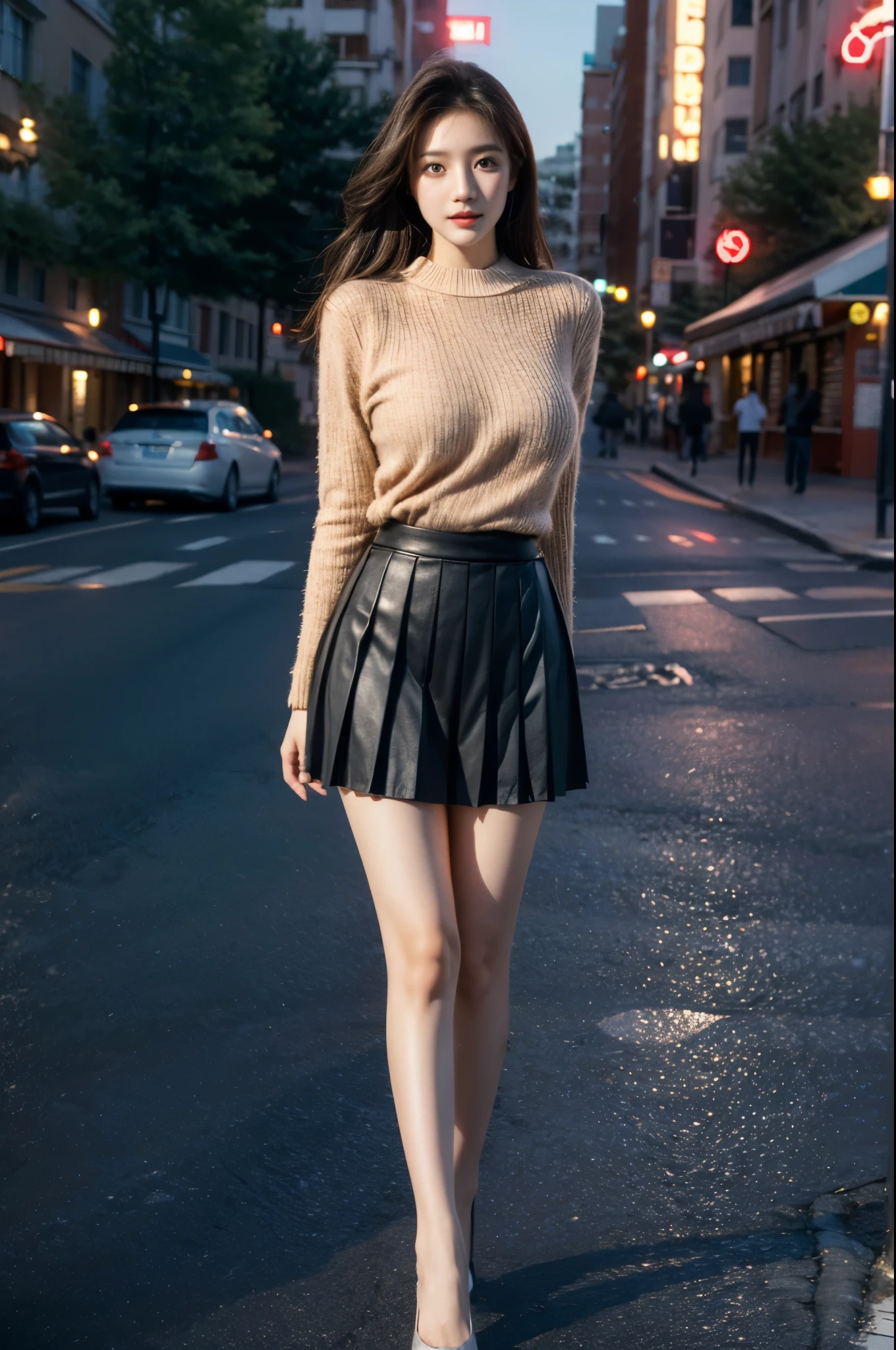 best qualtiy， tmasterpiece， A high resolution，8K，（realisticlying：1.4），超A high resolution，1girll， ultra - detailed， hyper realisitc， highly detailed CGillustration， offcial art， cinematric light， Realistis， Young and beautiful girl， perfect body figure， perfect body figure， full pov， Perfect body， （Starting below：1.3）， lewd poses， long sexy legs， self-assured， Beautiful Sexy， short- sleeved， Open abdomen， pleated super short skirt， S-shaped body， Upturned buttocks，posing on a，Pose，Different Perspectives，the street