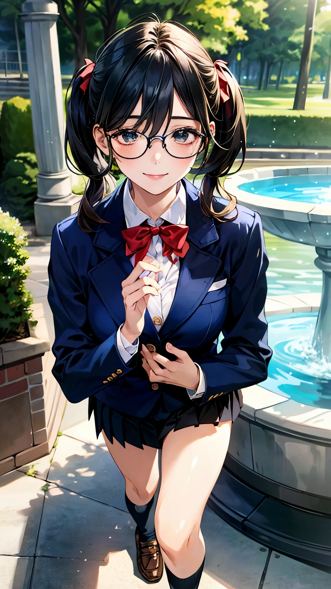 (masterpiece:1.3, top-quality), ultra high res, ultra detailed, (realistic, photorealistic:1.4), beautiful illustration, perfect lighting, natural lighting, colorful, depth of fields,
beautiful detailed hair, beautiful detailed face, beautiful detailed eyes, beautiful clavicle, beautiful body, beautiful chest, beautiful thigh, beautiful legs, beautiful fingers,
looking at viewer, 1 girl, high school girl, perfect face, (perfect anatomy, anatomically correct), cute and symmetrical face, face, , shiny skin,
(middle hair:1.5, low twintails:1.2, black hair), hair between eyes, dark green eyes, drooping eyes, big eyes, long eye lasher, (medium breasts), slender,
(((navy blazer, close blazer), collared white shirt, navy pleated skirt, red bow tie), black-rimmed glasses), navy school socks,
(beautiful scenery), evening, (park, fountain), walking, (lovely smile, upper eyes),