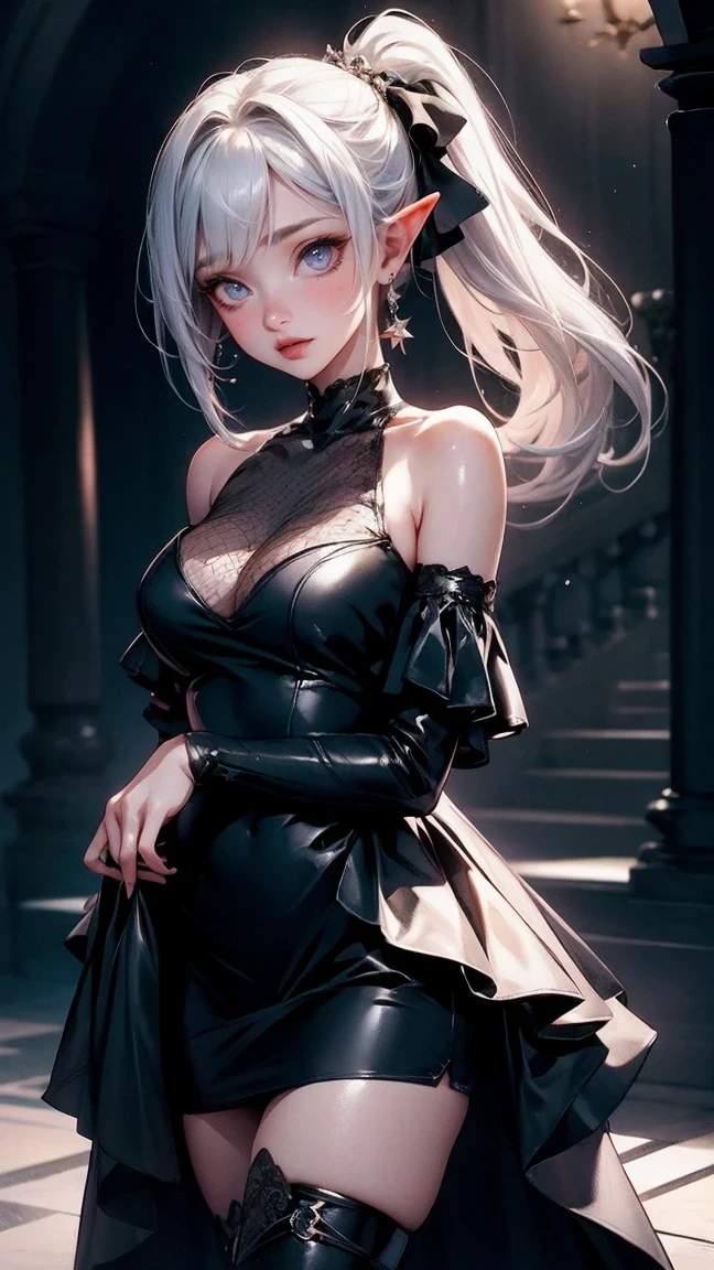 Cute Girl, cowboy shot,(dark atmosphere,Goethe fashion,bright colors),(best quality,Super exquisite,),Sexy goth elf girl,rose garden at night,beautiful and delicate eyes,Blue tip black straight ponytail,Crow feathers,red lipstick,mysterious smile,Pale complexion,fishnet stockings,black lace dress,Pointed-toe boots,mysterious aura,The moonlight reflects her elegant silhouette,Soft shadows and soft highlights,Contrasting colors create a vibrant atmosphere,Dark and moody color palette,Subtle yet dramatic lighting effects,Sublime darkness intertwined with exquisite moonlight