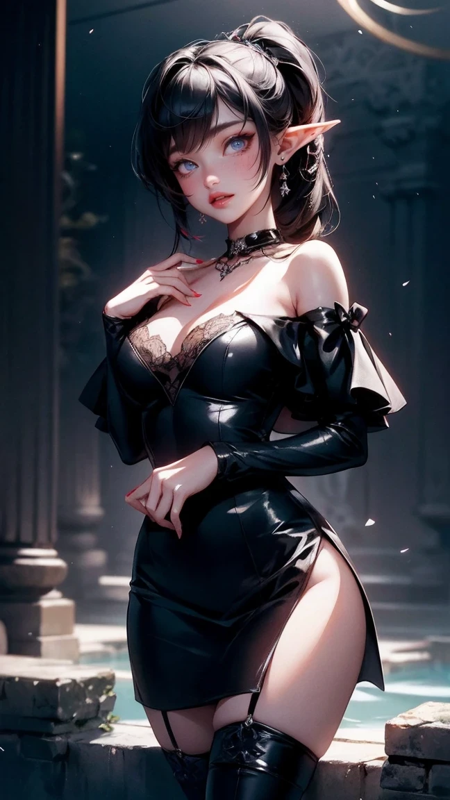 Cute Girl, cowboy shot,(dark atmosphere,Goethe fashion,bright colors),(best quality,Super exquisite,),Sexy goth elf girl,rose garden at night,beautiful and delicate eyes,Blue tip black straight ponytail,Crow feathers,red lipstick,mysterious smile,Pale complexion,fishnet stockings,black lace dress,Pointed-toe boots,mysterious aura,The moonlight reflects her elegant silhouette,Soft shadows and soft highlights,Contrasting colors create a vibrant atmosphere,Dark and moody color palette,Subtle yet dramatic lighting effects,Sublime darkness intertwined with exquisite moonlight