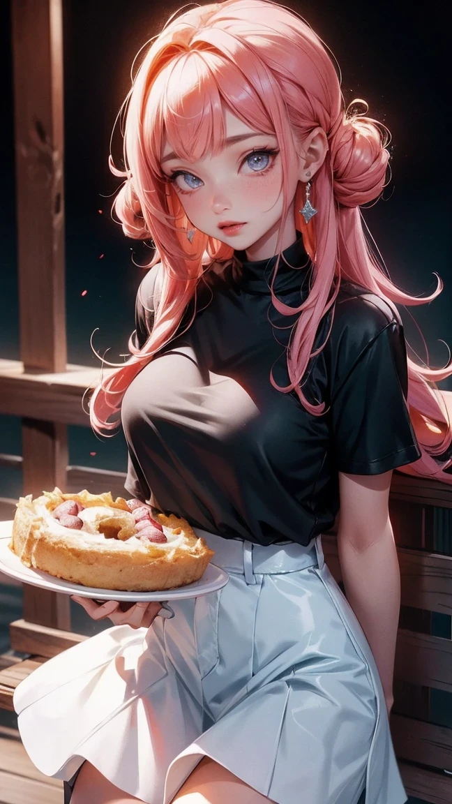 Cute Girl, cowboy shot,Hinata Hyuga: (Shippuden), Pretty girl (((Black shirt waisted pretty and flirty skirt outfit))) (konohagakure) celebrating her birthday))) ((/holding a BIG cinnamon roll cake/))) masterpiece. 8k. ultra detailed)))((( big bright opal eyes)) hitai ate konohagakure. ))) straight bangs)) midnight hair color))) she has a huge birthday cake behind her. She is happy and smiling.ella brilla. Smiles with her peach lips. Her eyelashes are long and abundant.. Sus ojos brillan con regocijo. Ella es hermosa. Ella tiene un ligero sonrojo en sus mejillas. Pieza majestuosa. Detalles exactos. Gracias. 8k de resolucion . Her plump lips are pressed together in an adorable pout
