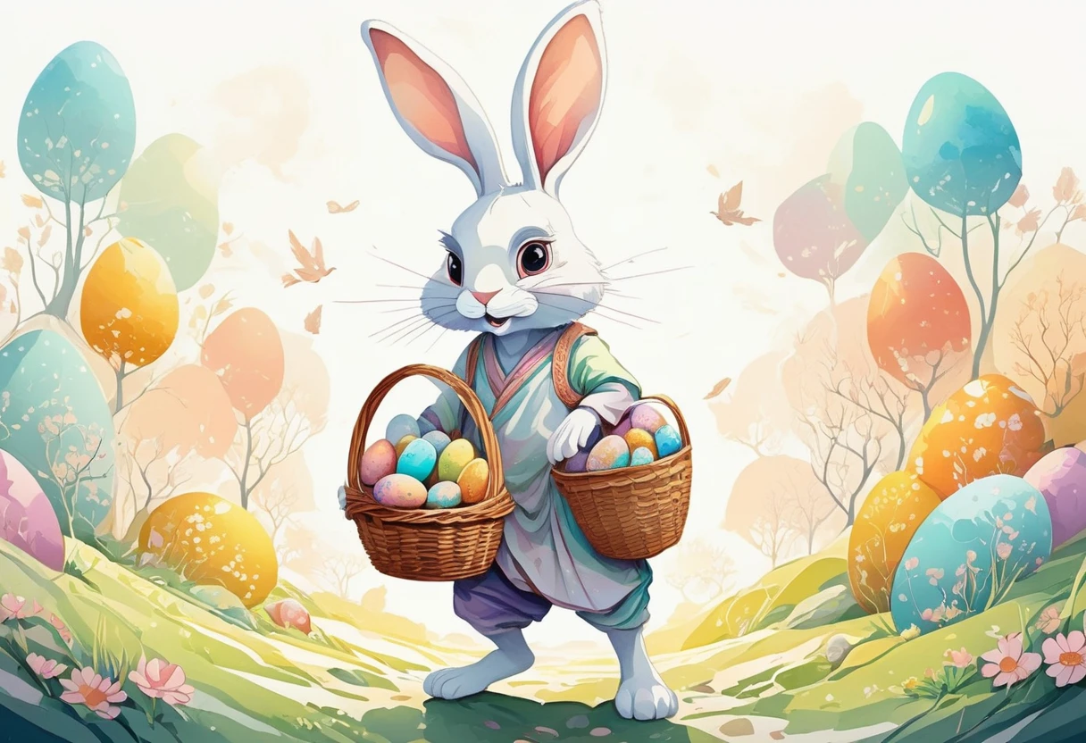 Anthropomorphic Easter bunny, carrying a basket filled with multicolored eggs, in the style of Zen anime art, vector illustration in two dimensions, simplicity of pastel hues, whimsical, dream-like aura, flat design strategy, main focus on the subject, intricate detailing, increased saturation, set amidst a captivating background, trending illustration format on ArtStation, by Greg Rutkowski, masterful watercolor treatment