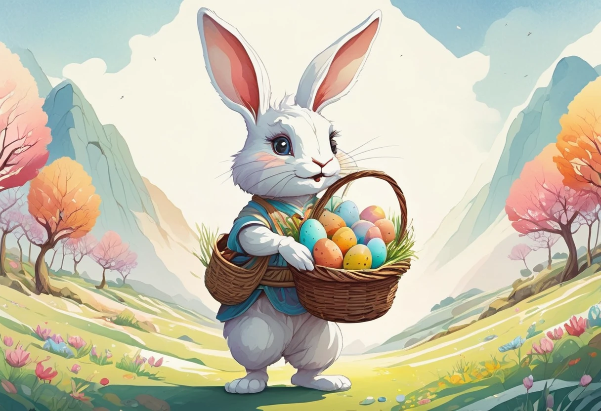 Anthropomorphic Easter bunny, carrying a basket filled with multicolored eggs, in the style of Zen anime art, vector illustration in two dimensions, simplicity of pastel hues, whimsical, dream-like aura, flat design strategy, main focus on the subject, intricate detailing, increased saturation, set amidst a captivating background, trending illustration format on ArtStation, by Greg Rutkowski, masterful watercolor treatment