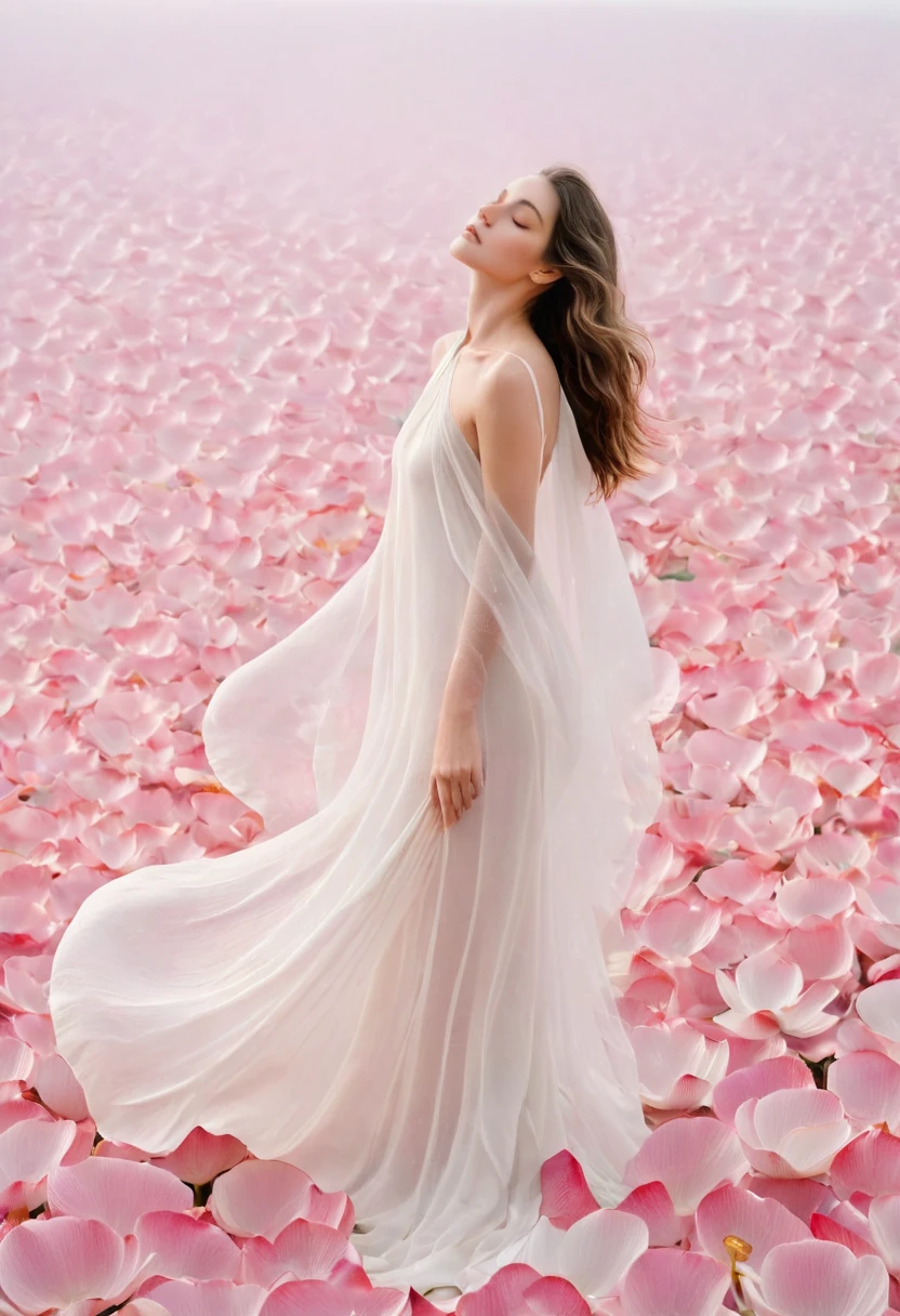 Light pink and light white tones,full bodyesbian,  white backgrounid, Natural lighting, Efeito de Luz, minimalist, Elegant, pure tenderness, softlighting, realisticlying. A woman who is (clavicle, bshoulders,) posing on a (pray and stand) A super giant lotus with large and long petals (Petals are made of thin, soft gauze fabric, Full background of flowing petals, floating petal, super flying petals, Smoke effect mixed with petals), Lotus dress,((ssee-through)).