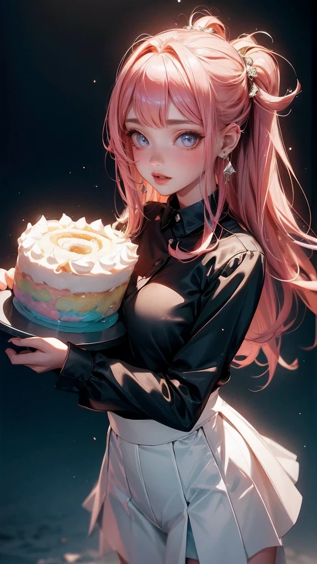 Cute Girl, cowboy shot,Hinata Hyuga: (Shippuden), Pretty girl (((Black shirt waisted pretty and flirty skirt outfit))) (konohagakure) celebrating her birthday))) ((/holding a BIG cinnamon roll cake/))) masterpiece. 8k. ultra detailed)))((( big bright opal eyes)) hitai ate konohagakure. ))) straight bangs)) midnight hair color))) she has a huge birthday cake behind her. She is happy and smiling.ella brilla. Smiles with her peach lips. Her eyelashes are long and abundant.. Sus ojos brillan con regocijo. Ella es hermosa. Ella tiene un ligero sonrojo en sus mejillas. Pieza majestuosa. Detalles exactos. Gracias. 8k de resolucion . Her plump lips are pressed together in an adorable pout