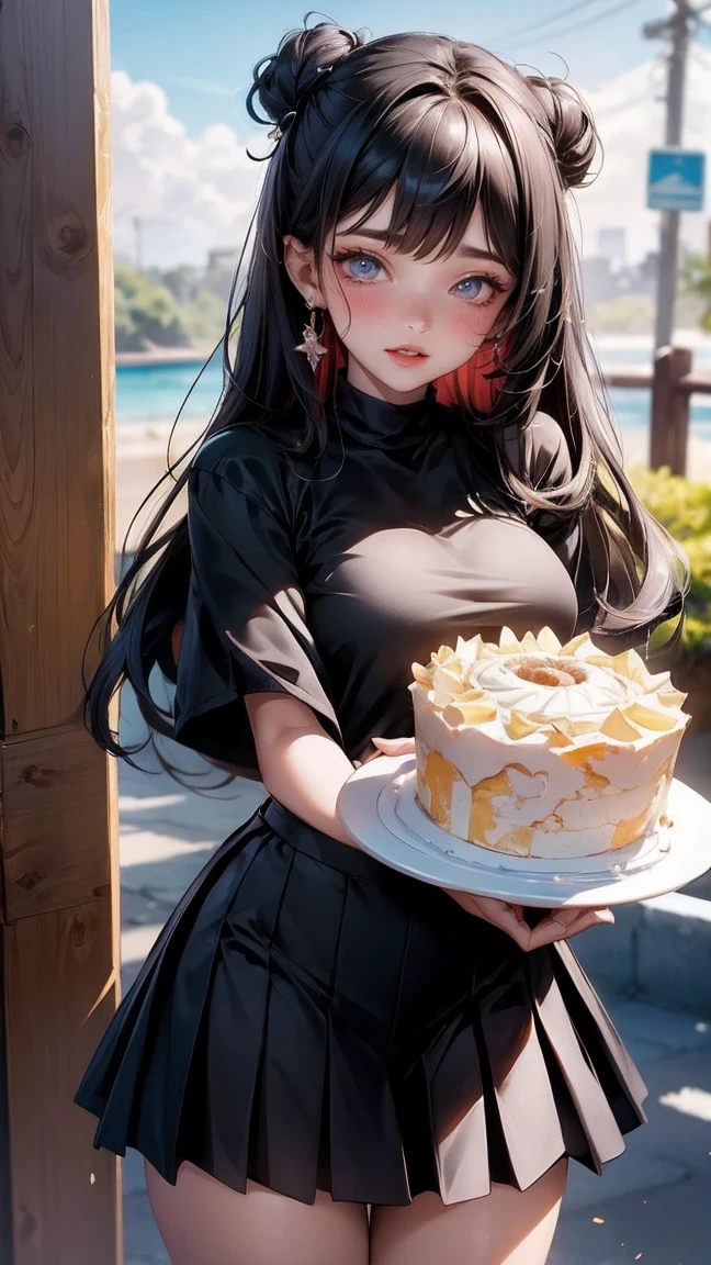 Cute Girl, cowboy shot,Hinata Hyuga: (Shippuden), Pretty girl (((Black shirt waisted pretty and flirty skirt outfit))) (konohagakure) celebrating her birthday))) ((/holding a BIG cinnamon roll cake/))) masterpiece. 8k. ultra detailed)))((( big bright opal eyes)) hitai ate konohagakure. ))) straight bangs)) midnight hair color))) she has a huge birthday cake behind her. She is happy and smiling.ella brilla. Smiles with her peach lips. Her eyelashes are long and abundant.. Sus ojos brillan con regocijo. Ella es hermosa. Ella tiene un ligero sonrojo en sus mejillas. Pieza majestuosa. Detalles exactos. Gracias. 8k de resolucion . Her plump lips are pressed together in an adorable pout