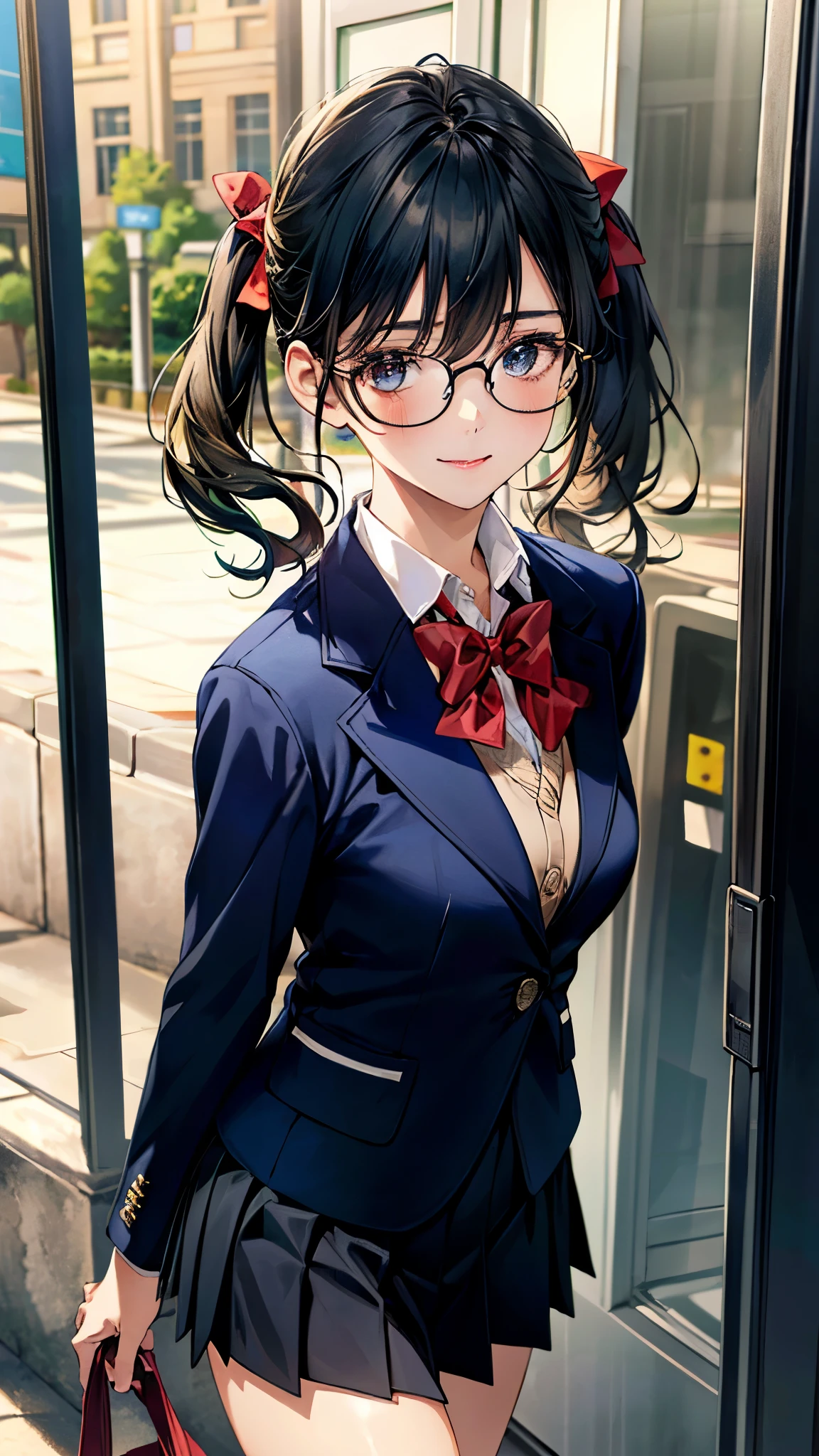 (masterpiece:1.3, top-quality, ultra high res, ultra detailed), (realistic, photorealistic:1.4), beautiful illustration, perfect lighting, natural lighting, colorful, depth of fields,
beautiful detailed hair, beautiful detailed face, beautiful detailed eyes, beautiful clavicle, beautiful body, beautiful chest, beautiful thigh, beautiful legs, beautiful fingers,
looking at viewer, 1 girl, high school girl, perfect face, (perfect anatomy, anatomically correct), cute and symmetrical face, babyface, , shiny skin,
(middle hair:1.5, low twintails:1.2, black hair), hair between eyes, dark green eyes, drooping eyes, big eyes, long eye lasher, (medium breasts), slender,
(((navy blazer, close blazer), collared white shirt, navy pleated skirt, red bow tie), black-rimmed glasses), navy school socks,
(beautiful scenery), evening, (park, fountain, phone booth can be seen in the distance), walking, (lovely smile, upper eyes),