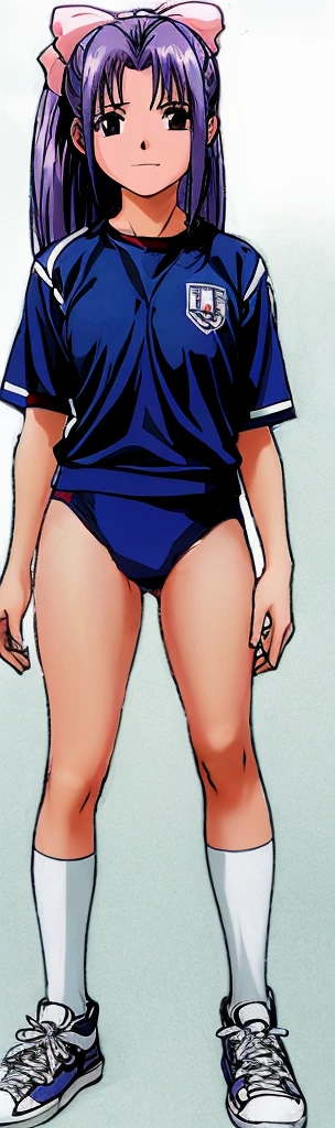 Momoko Koigakubo, who is tall and has beautiful legs, is wearing white gym clothes and bright blue panty-shaped bloomers, smiling and standing with her legs spread to the side and her mouth open.。
