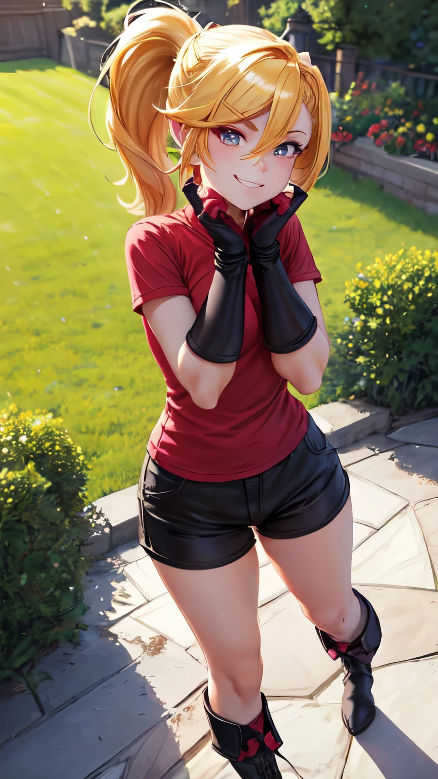 (best quality:1.2),solo,1girl,mdrin,smile,looking at viewer,lovely pose, ponytail,v-shaped eyebrows,red shirt, fingerless gloves,black shorts , garden background, warm color tones,soft lighting, Hair over one eye, ultra long hair, standing on hooftop, long boots, long ponytail, blonde 